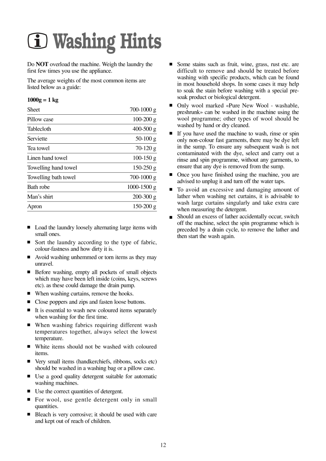 Electrolux WM 100 B manual Washing Hints, 1000g = 1 kg 