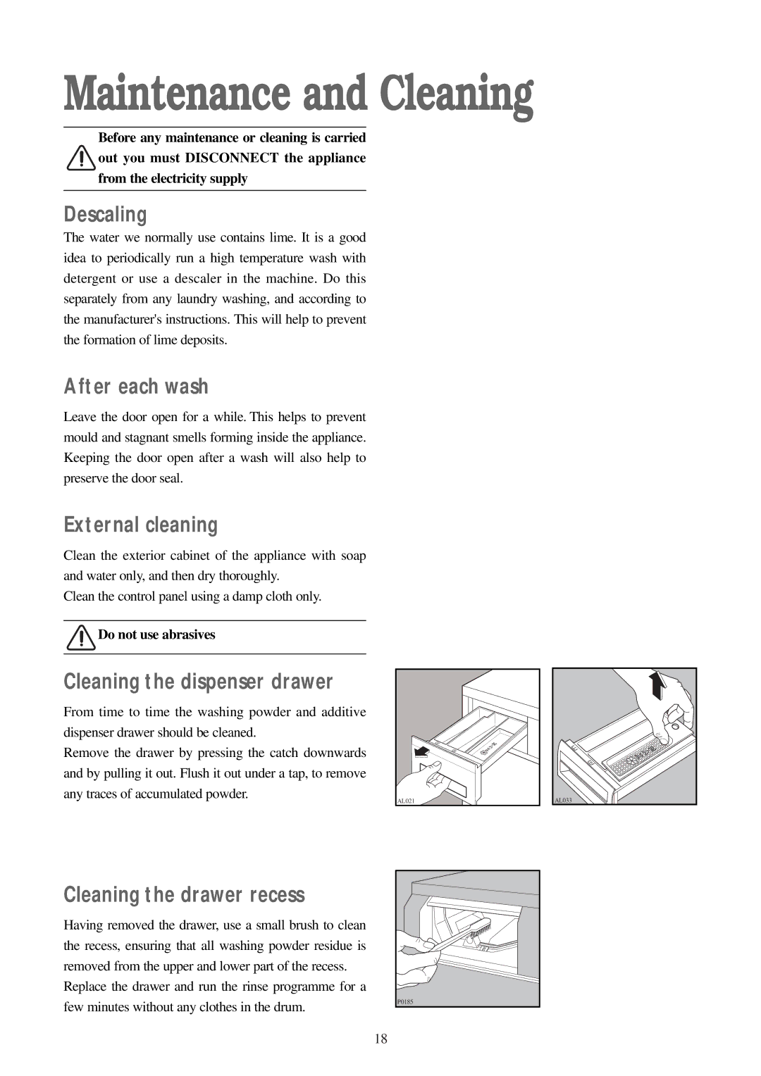 Electrolux WM 100 B manual Maintenance and Cleaning 