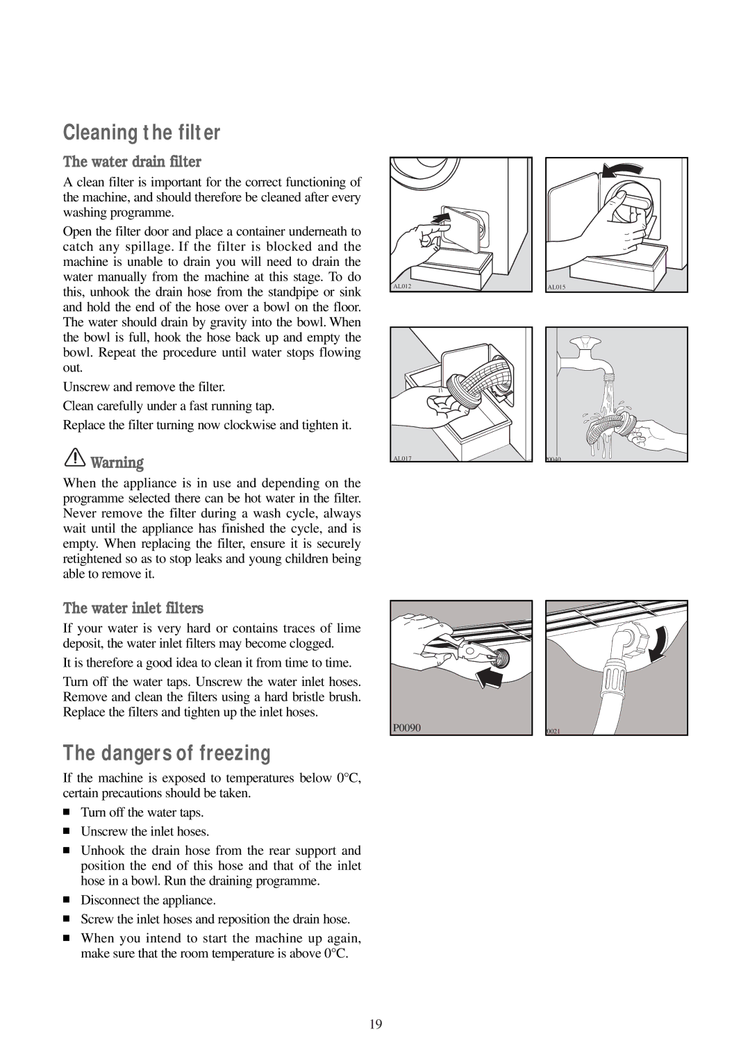 Electrolux WM 100 B manual Cleaning the filter, Water drain filter, Water inlet filters 