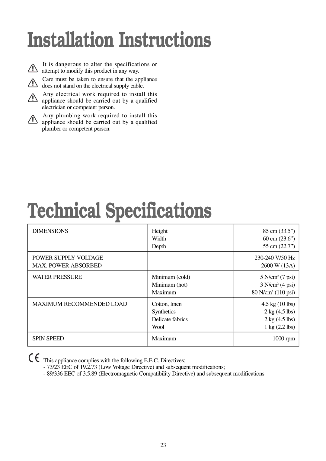 Electrolux WM 100 B manual Installation Instructions, Technical Specifications 