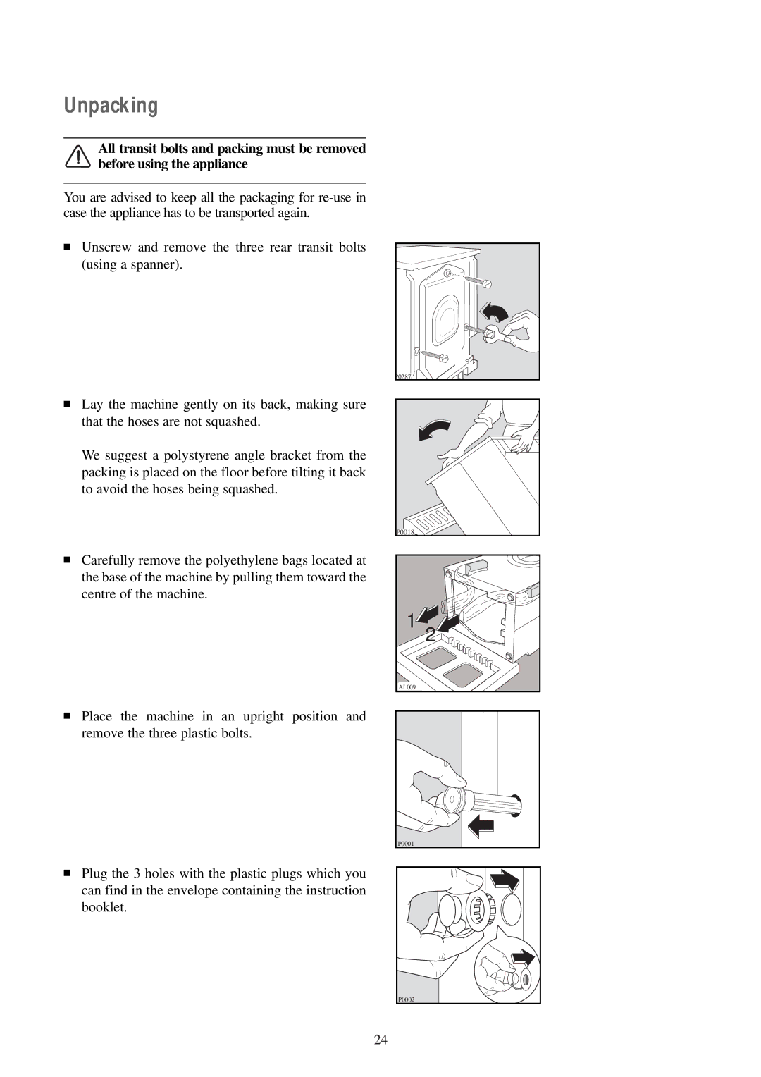 Electrolux WM 100 B manual Unpacking 