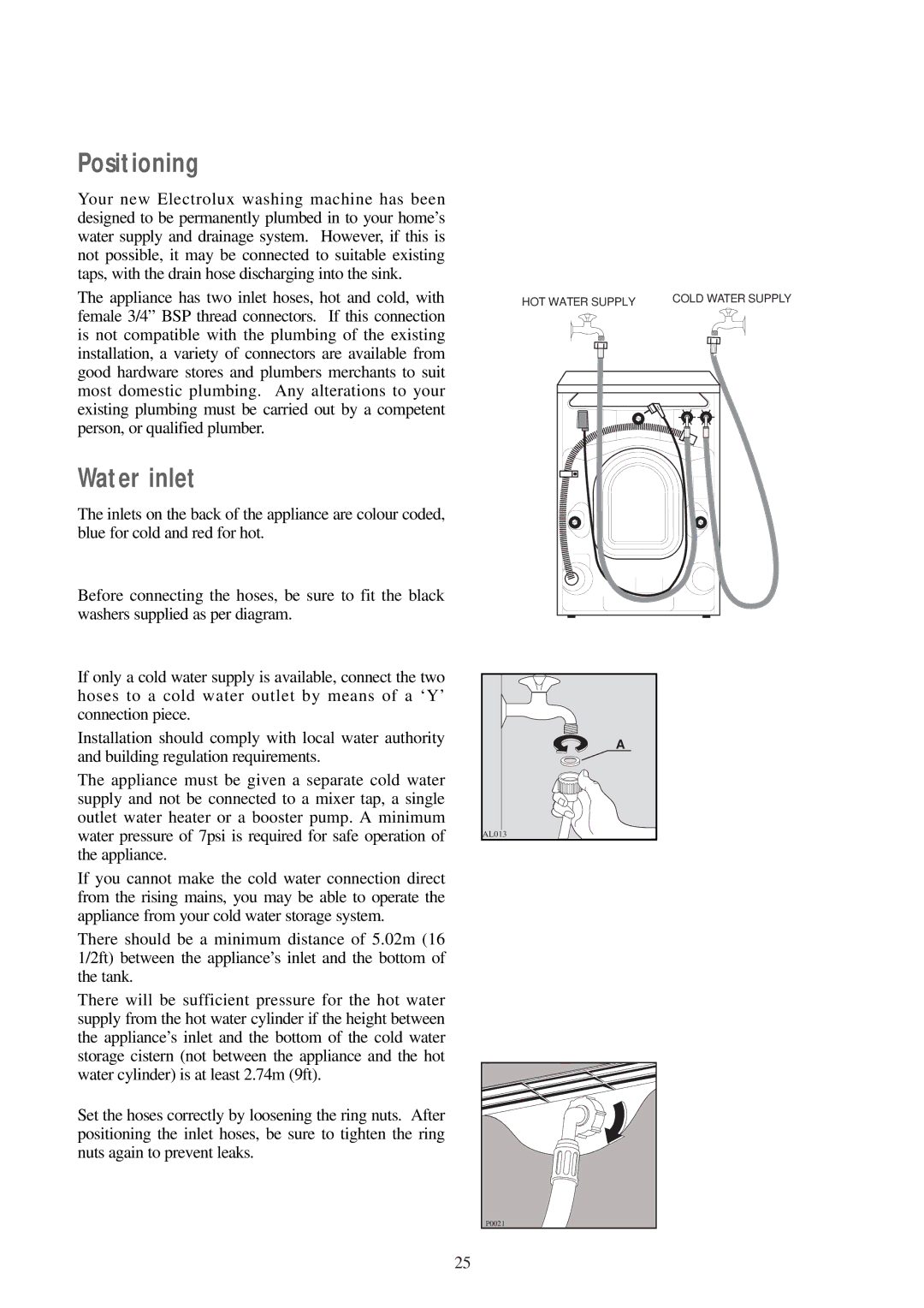 Electrolux WM 100 B manual Positioning, Water inlet 