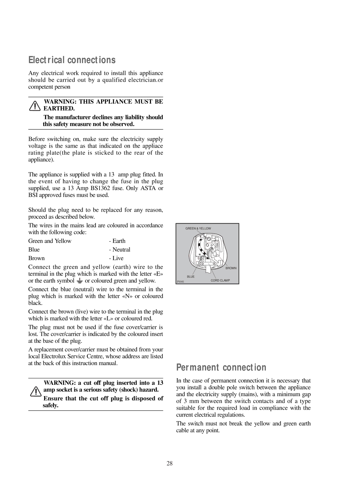 Electrolux WM 100 B manual Electrical connections, Permanent connection, Ensure that the cut off plug is disposed of safely 