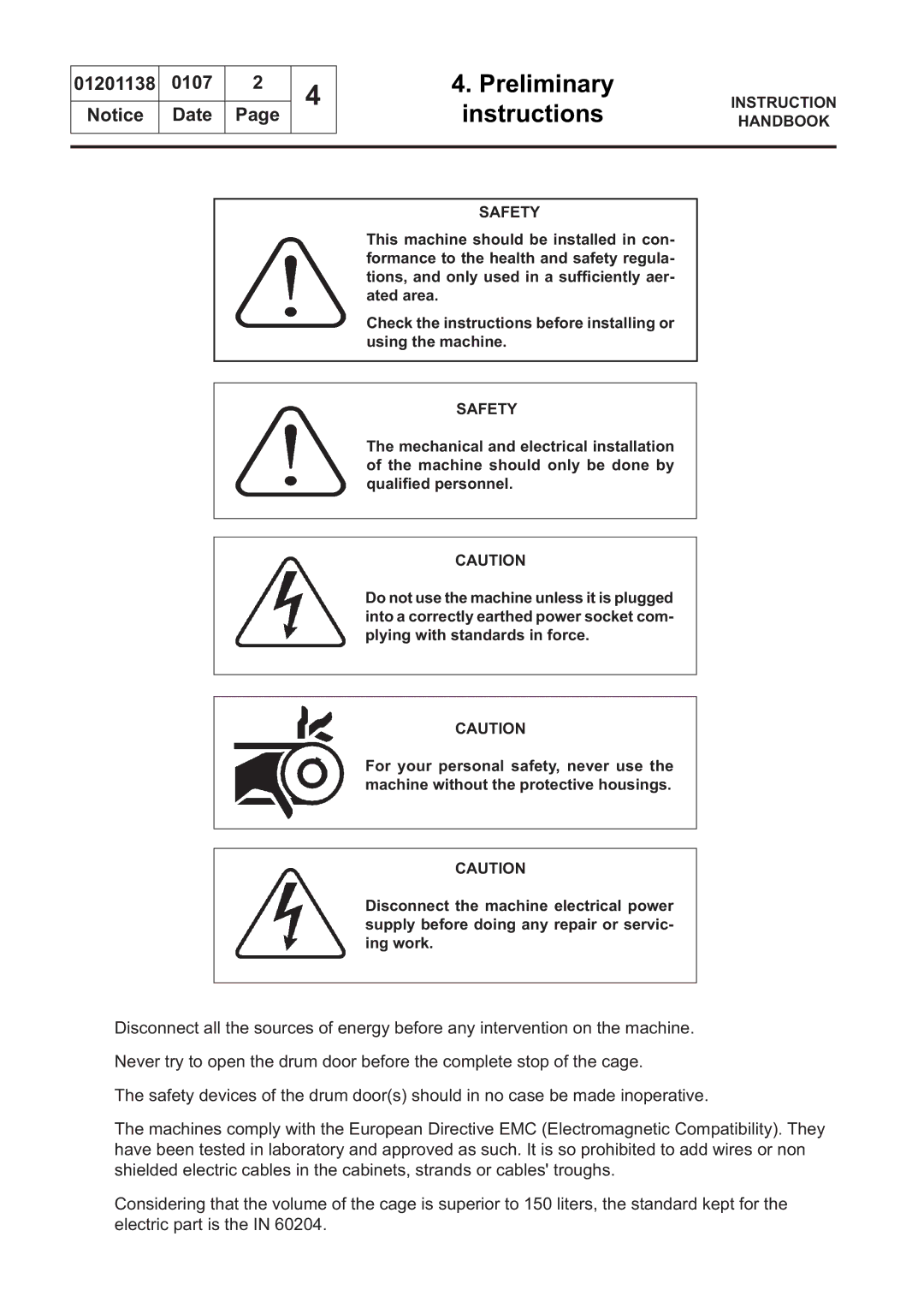 Electrolux WS4500H, WS4650H, WSB4250H, WSB4350H, WS4350H, WSB4650H, WSB4500H, WS4250H manual Instruction Handbook Safety 