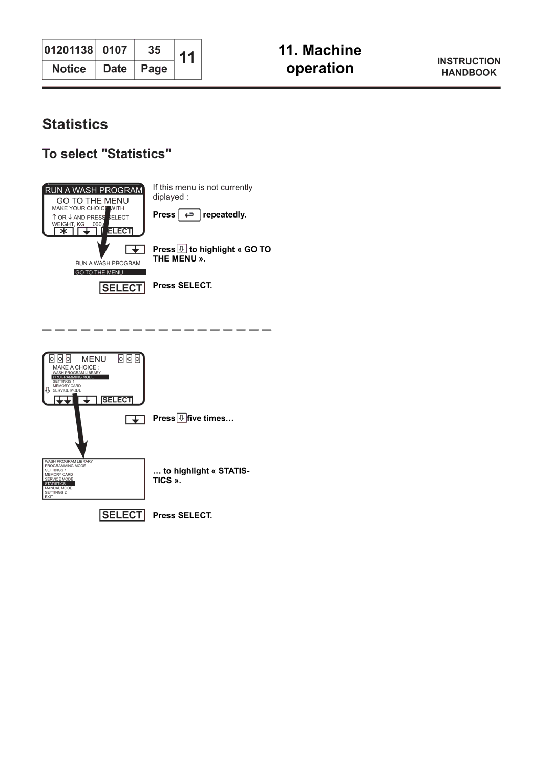 Electrolux WS4650H, WSB4250H, WS4500H, WSB4350H, WS4350H, WSB4650H, WSB4500H, WS4250H manual To select Statistics 