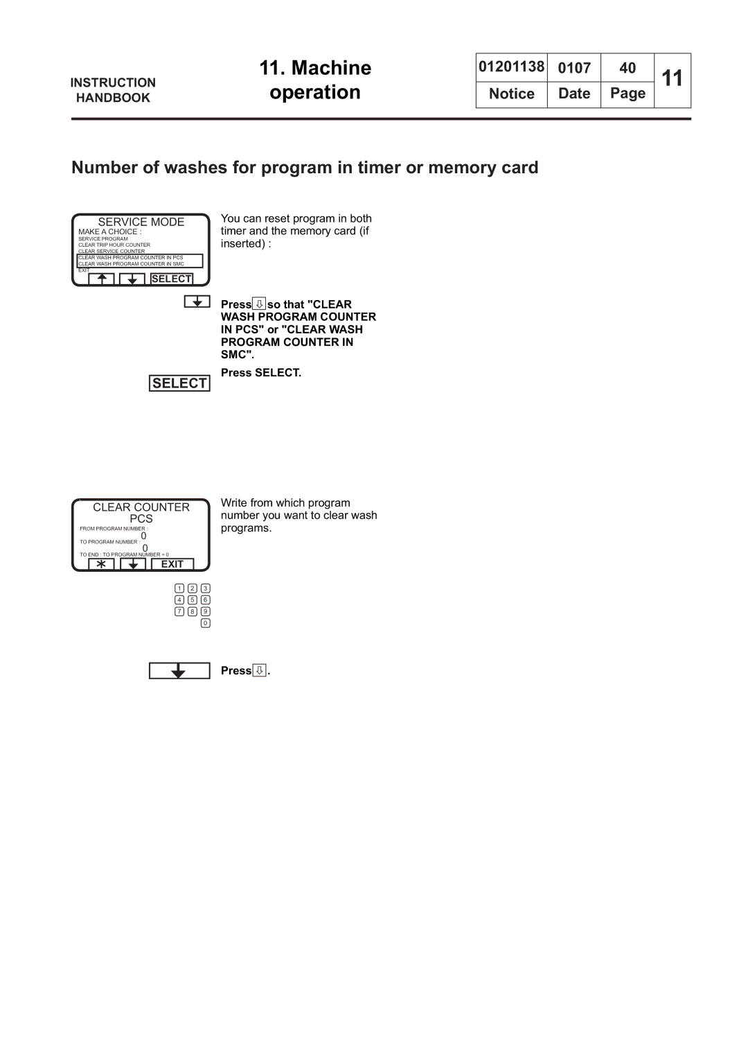 Electrolux WSB4650H, WS4650H, WSB4250H, WS4500H manual Number of washes for program in timer or memory card, Clear Counter PCS 