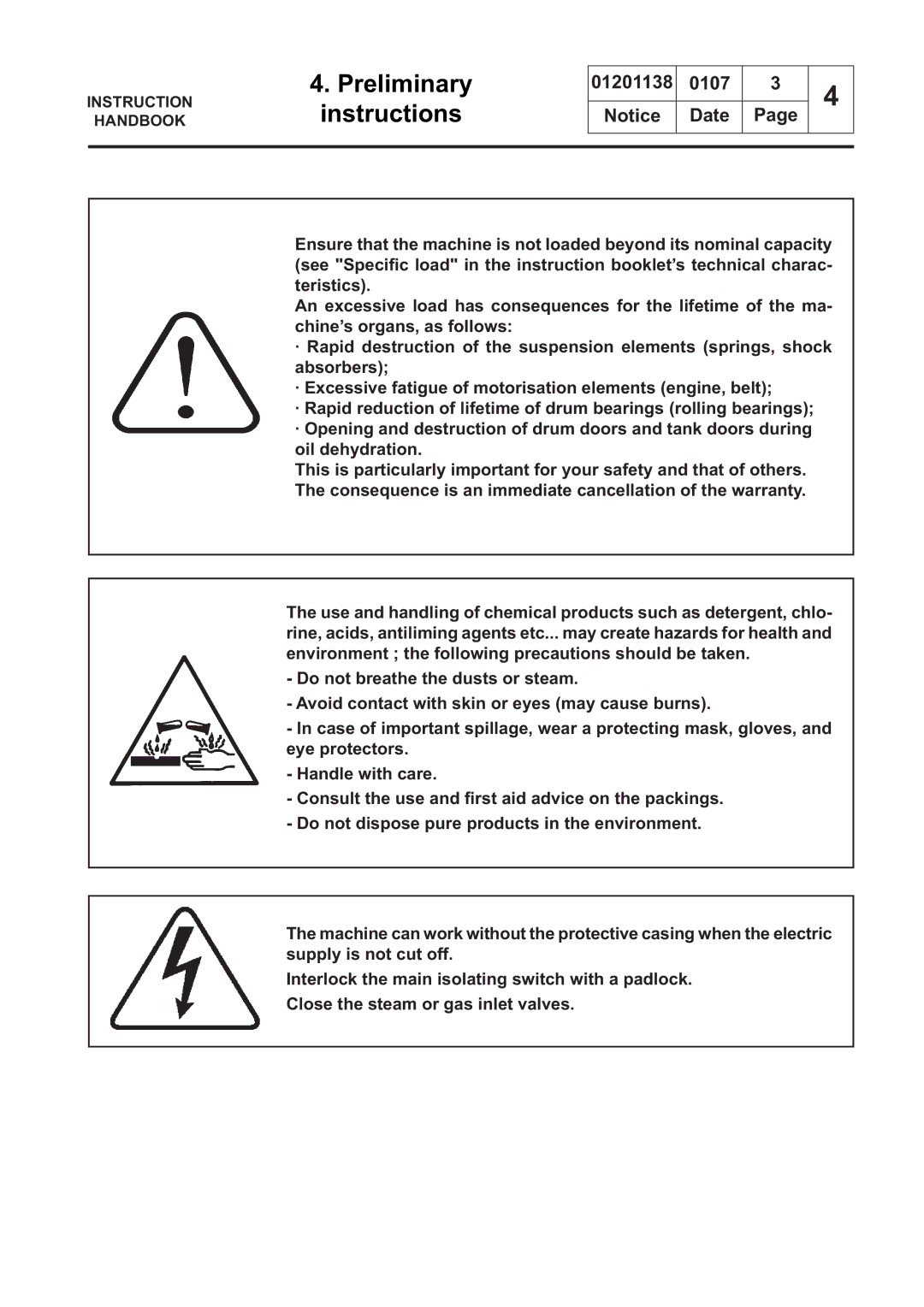 Electrolux WSB4350H, WS4650H, WSB4250H, WS4500H, WS4350H, WSB4650H, WSB4500H, WS4250H manual Preliminary instructions 