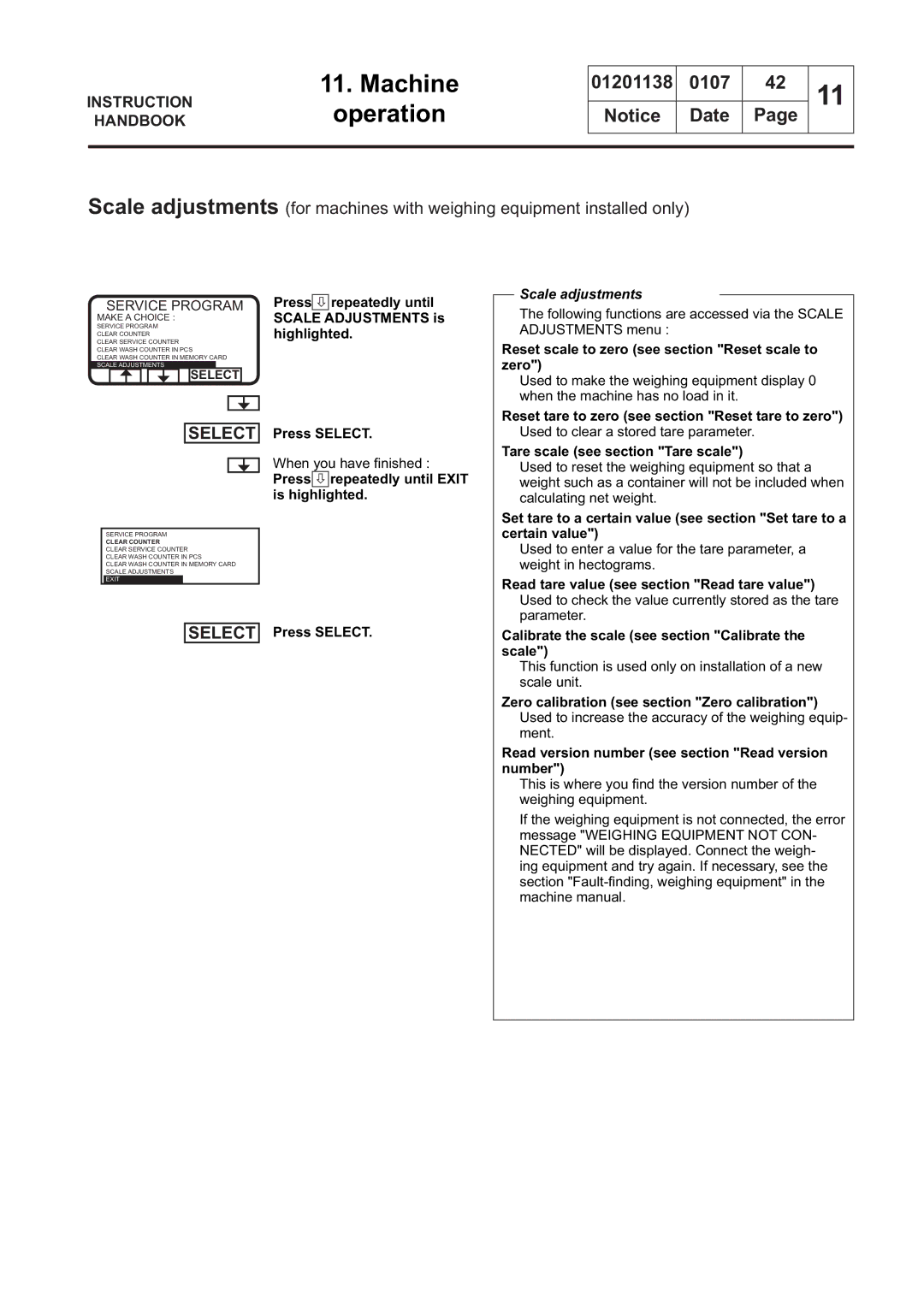 Electrolux WS4250H, WS4650H, WSB4250H, WS4500H manual Scale adjustments, Reset scale to zero see section Reset scale to zero 