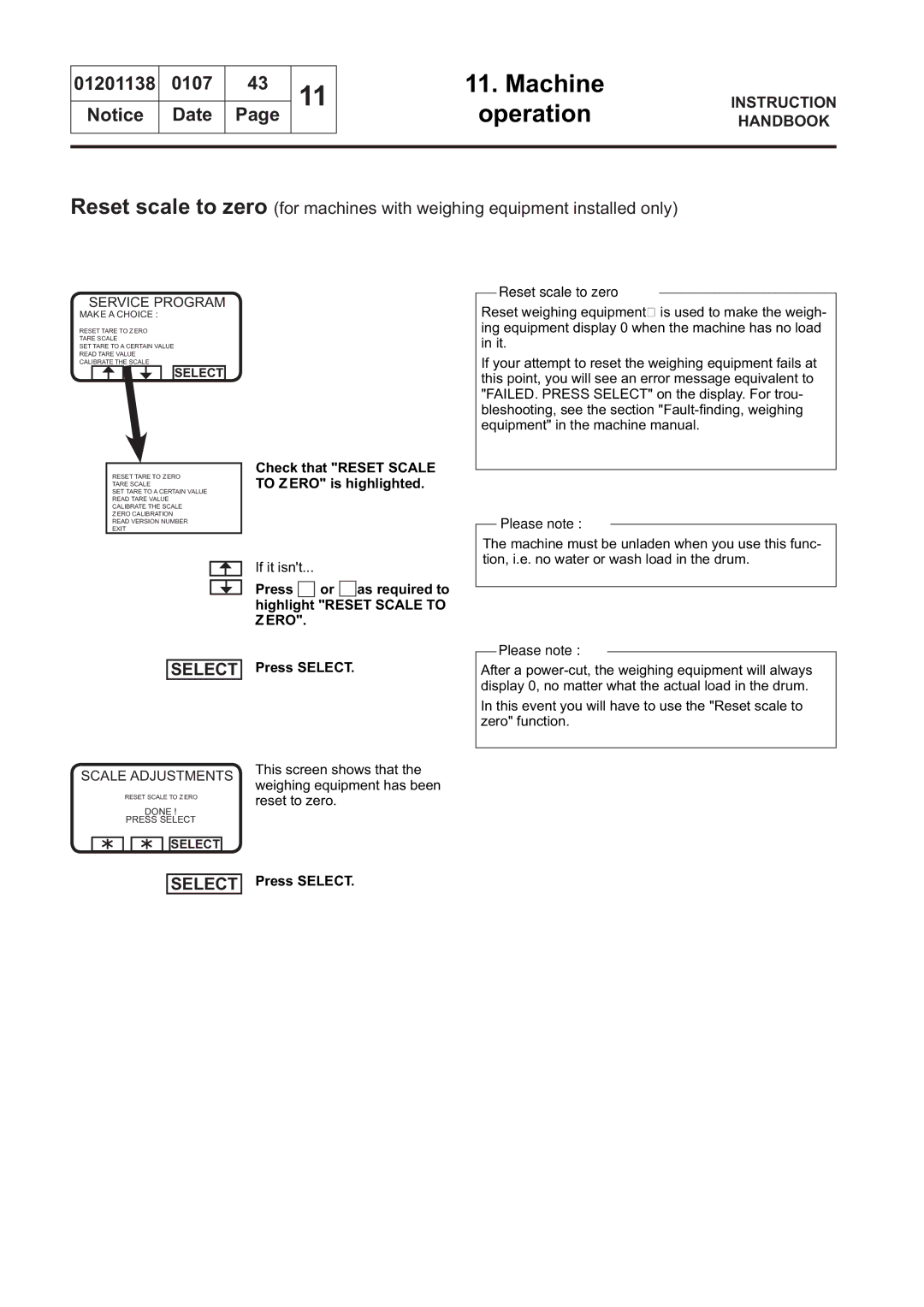 Electrolux WS4650H Check that Reset Scale to Zero is highlighted, Press or as required to highlight Reset Scale to Zero 