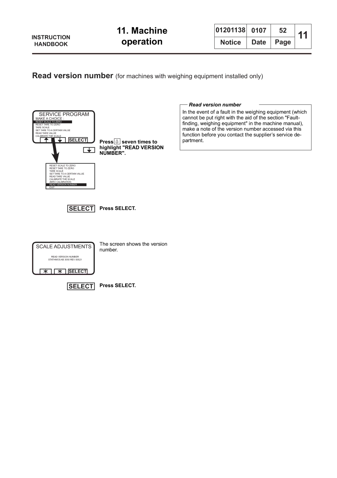 Electrolux WSB4250H, WS4650H, WS4500H, WSB4350H manual Press seven times to highlight Read Version Number, Read version number 