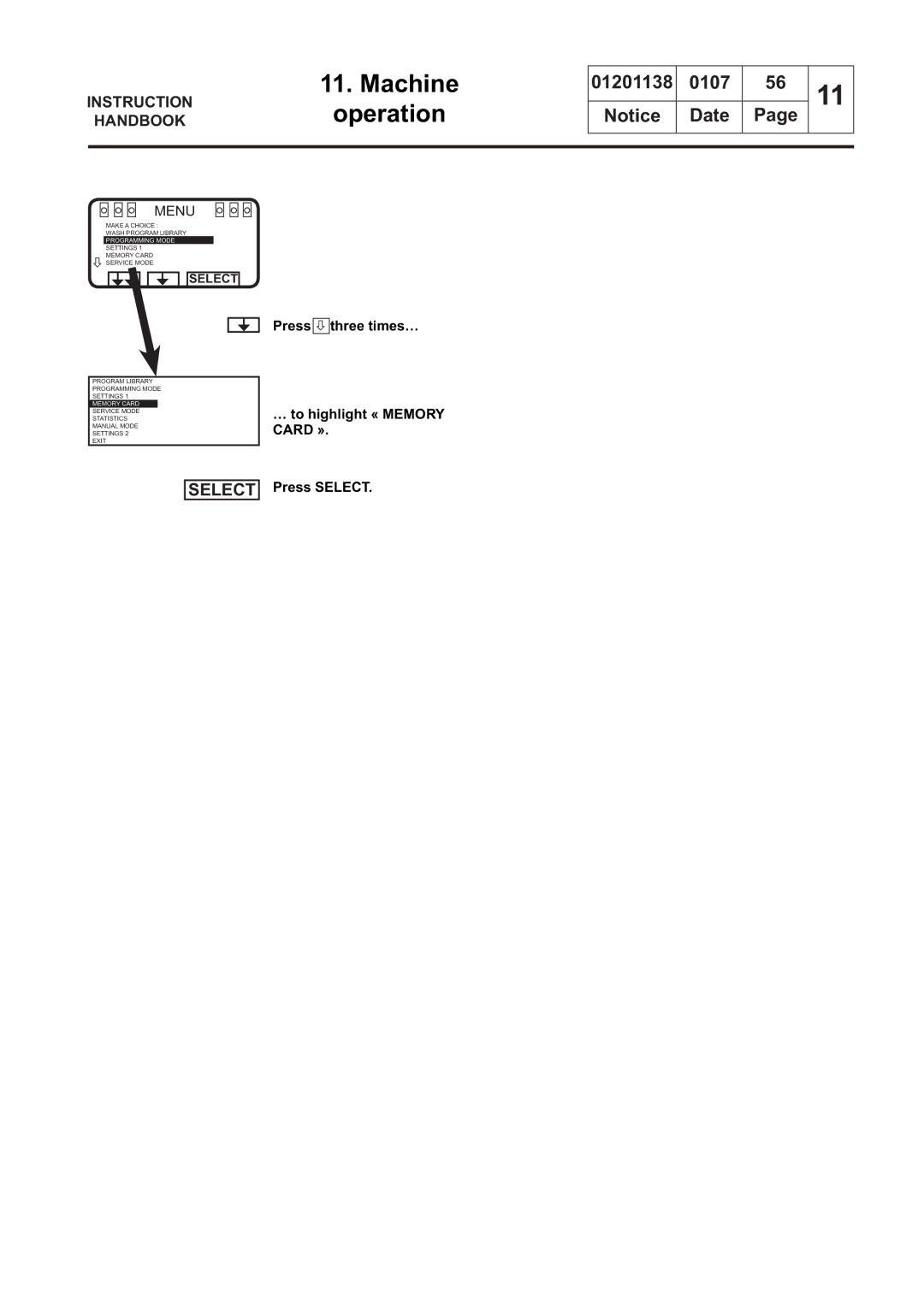 Electrolux WSB4650H, WS4650H, WSB4250H, WS4500H, WSB4350H, WS4350H, WSB4500H Press three times… … to highlight « Memory Card » 