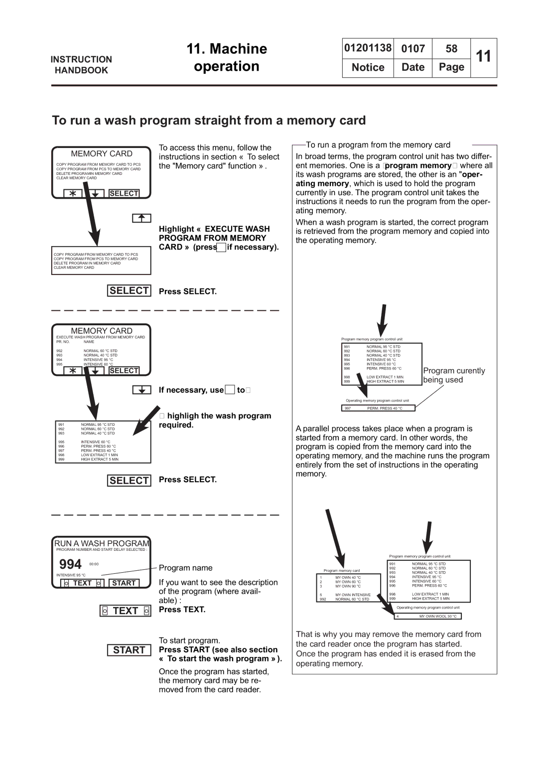 Electrolux WS4250H, WS4650H manual To run a wash program straight from a memory card, To run a program from the memory card 