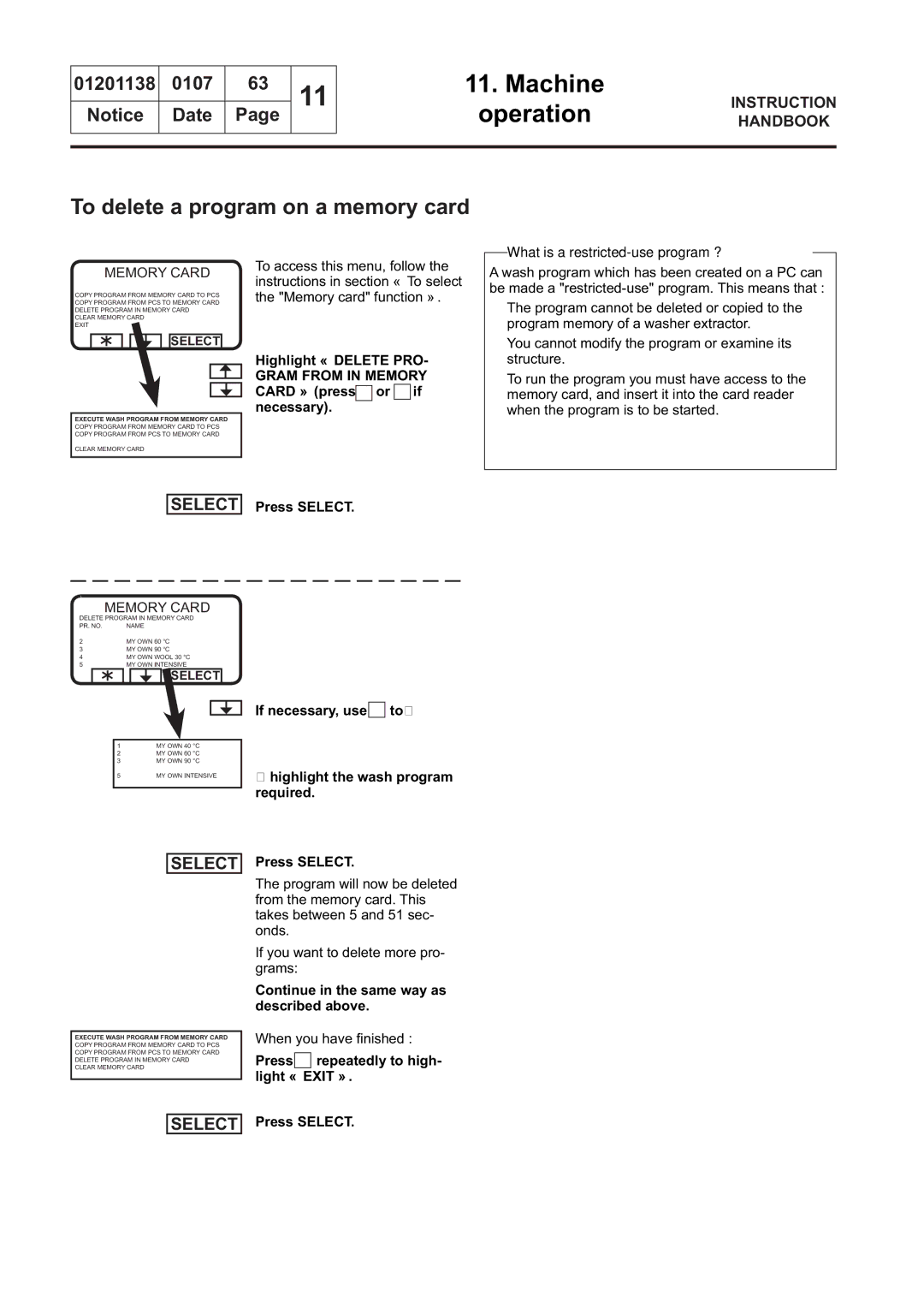 Electrolux WS4350H manual To delete a program on a memory card, If necessary, use to… … highlight the wash program required 