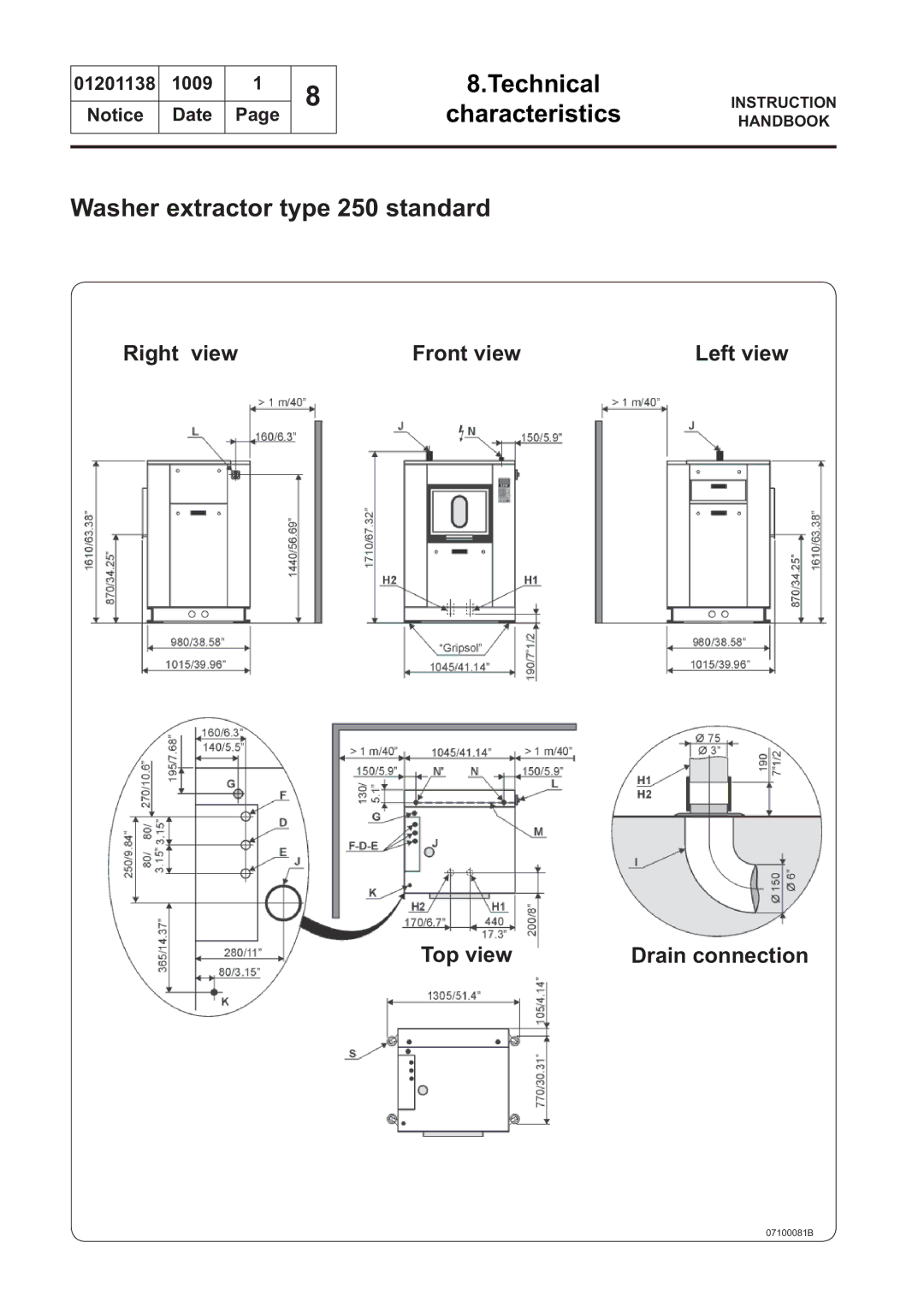 Electrolux WS4500H, WS4650H, WSB4250H, WSB4350H, WS4350H Washer extractor type 250 standard, Right view Front view, Top view 