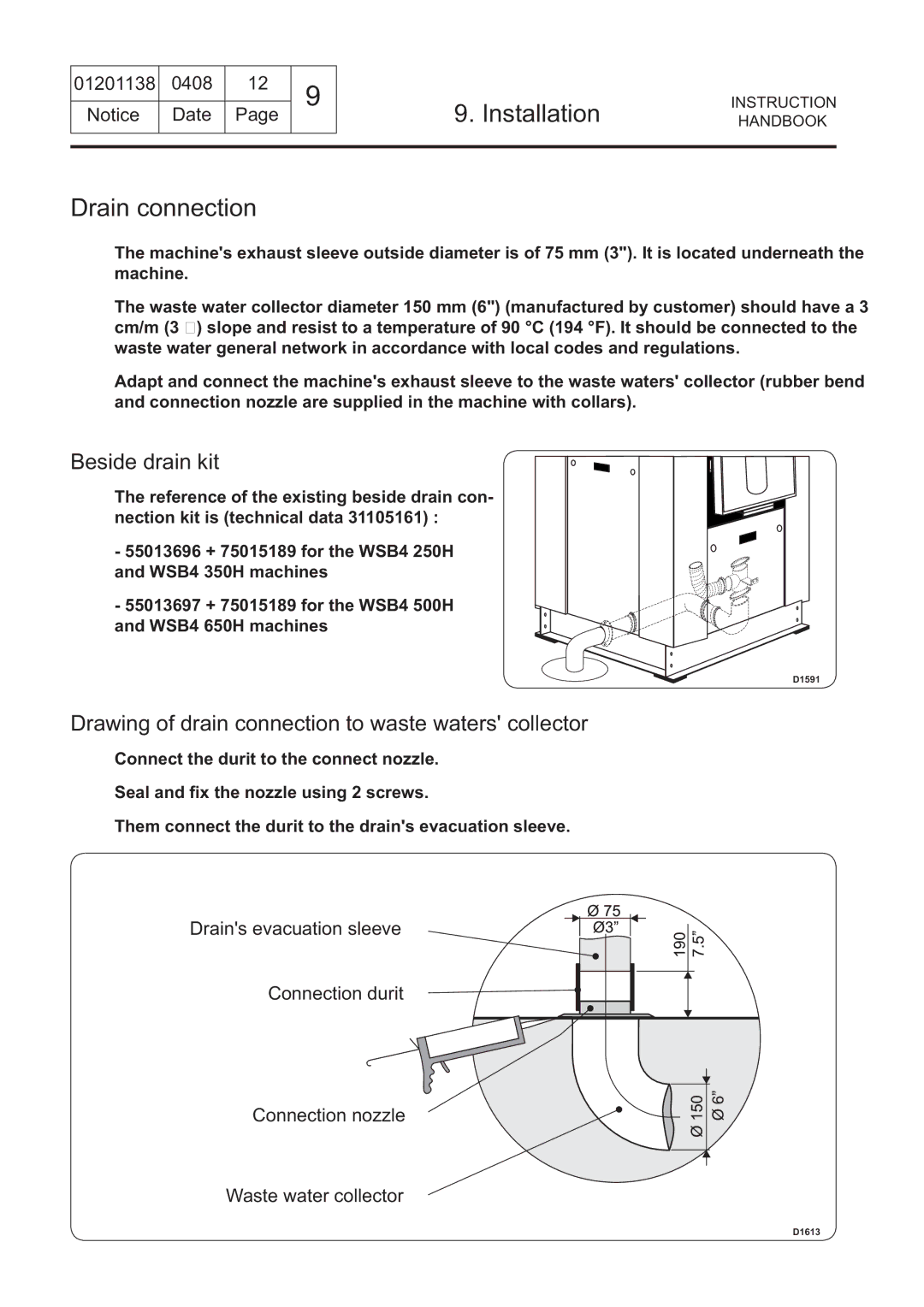 Electrolux WSB4500H, WS4650H Drain connection, Beside drain kit, Drawing of drain connection to waste waters collector 