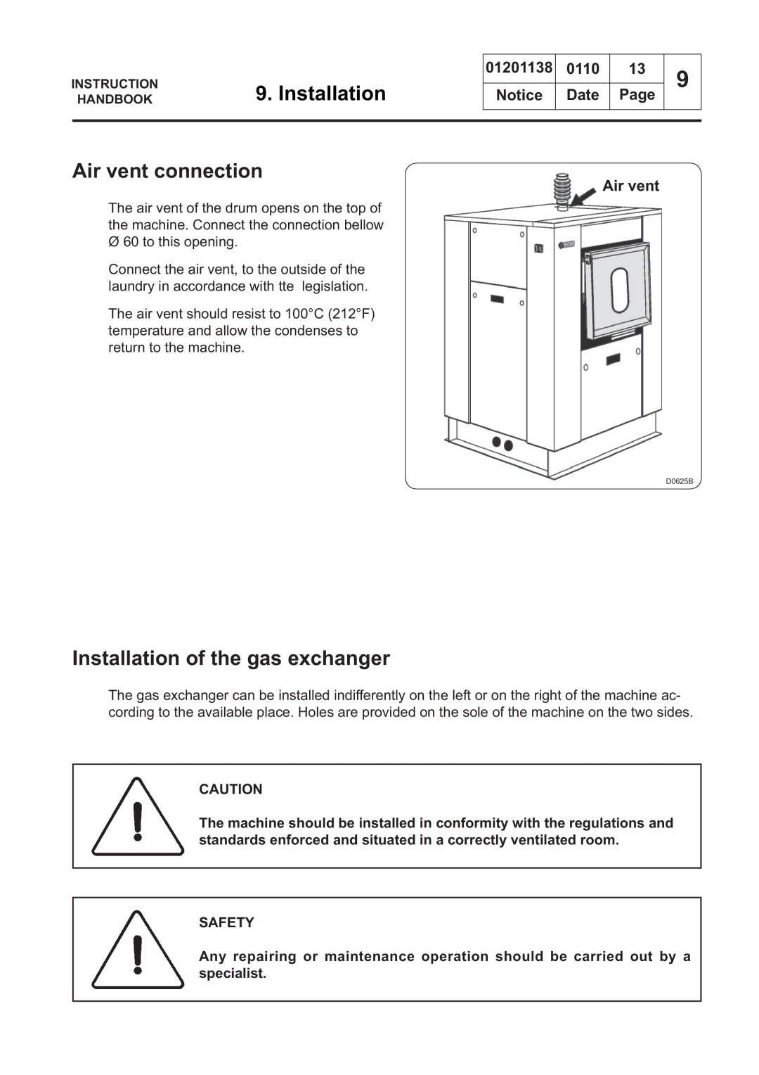 Electrolux WS4250H, WS4650H, WSB4250H, WS4500H, WSB4350H, WS4350H manual Air vent connection, Installation of the gas exchanger 