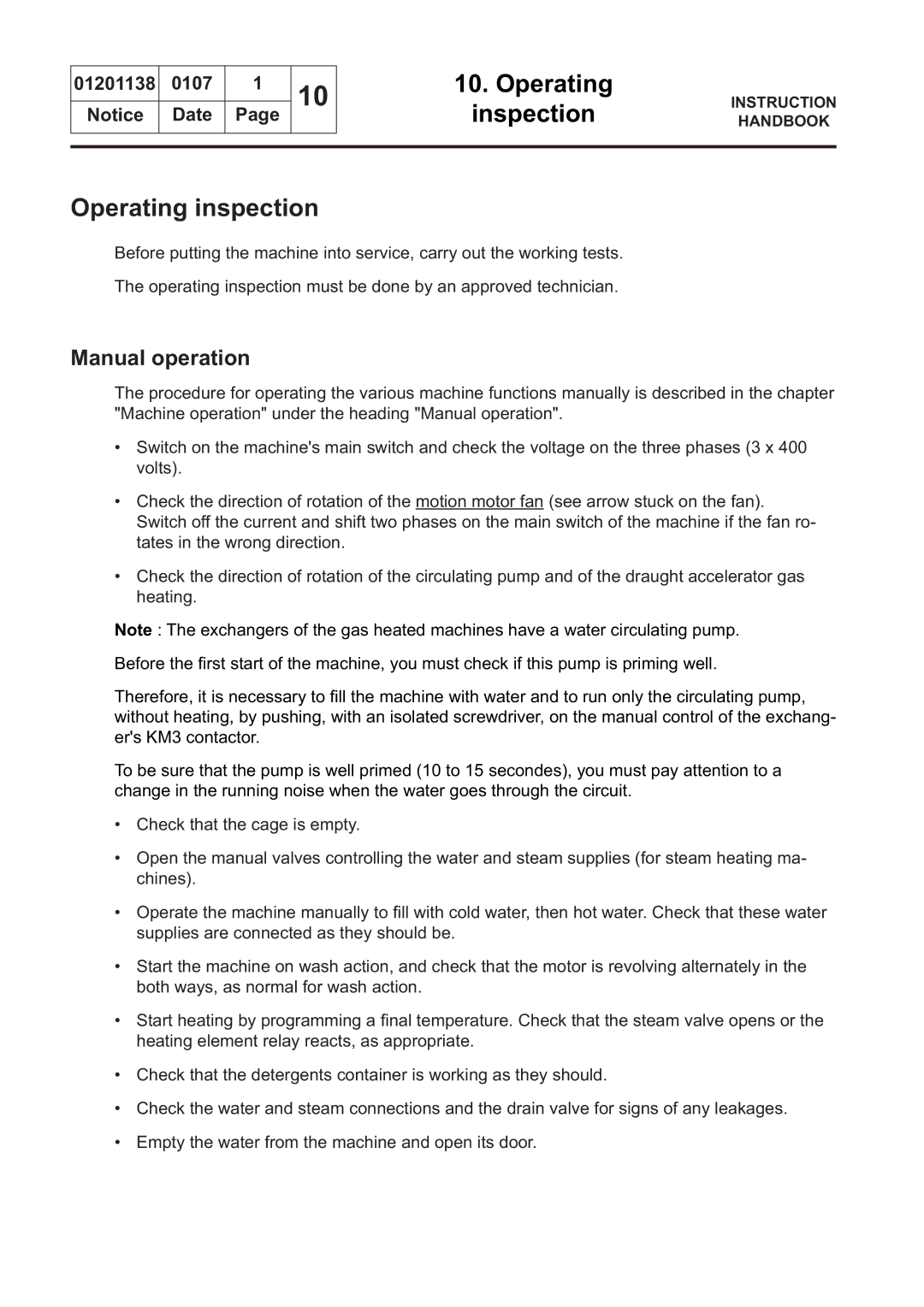 Electrolux WS4350H, WS4650H, WSB4250H, WS4500H, WSB4350H, WSB4650H manual Inspection, Operating inspection, Manual operation 