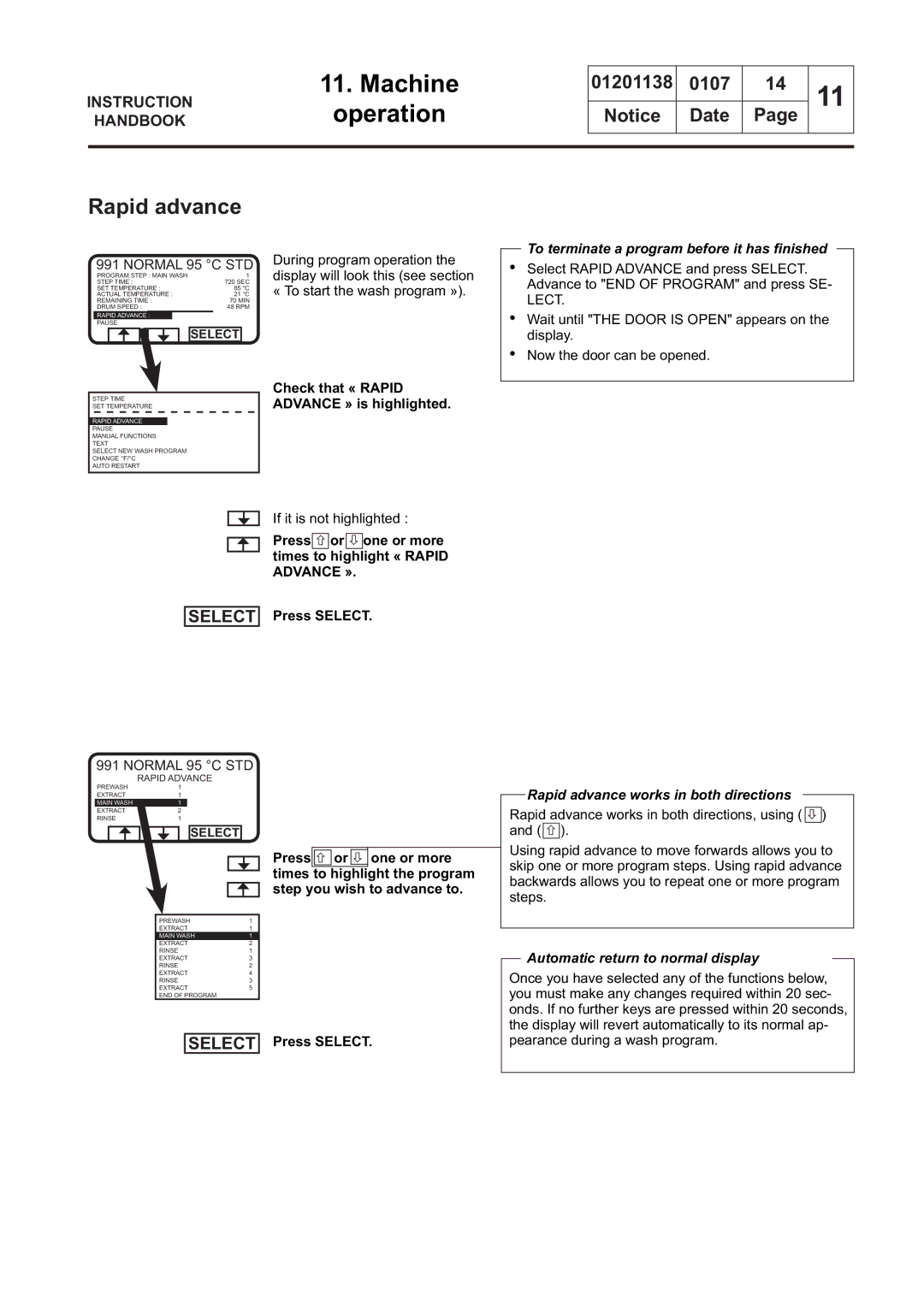 Electrolux WSB4350H, WS4650H manual Check that « Rapid Advance » is highlighted, Rapid advance works in both directions 