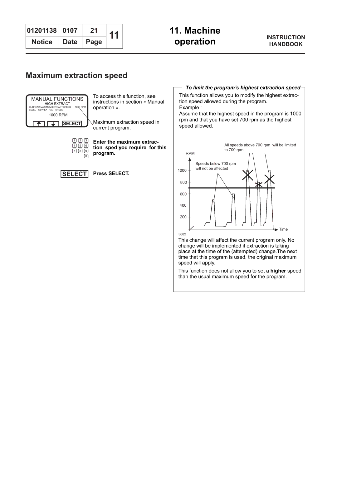 Electrolux WS4500H, WS4650H, WSB4250H, WSB4350H Maximum extraction speed, To limit the program’s highest extraction speed 