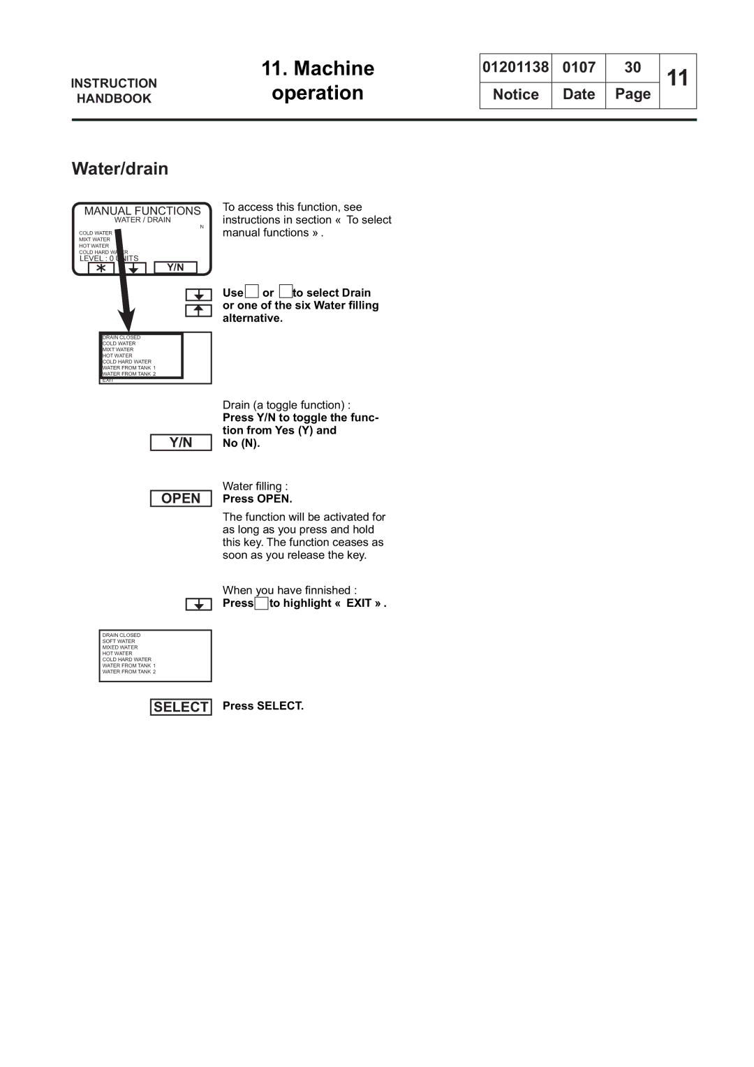 Electrolux WSB4350H, WS4650H, WSB4250H, WS4500H, WS4350H manual Water/drain, Press Y/N to toggle the func- tion from Yes Y No N 