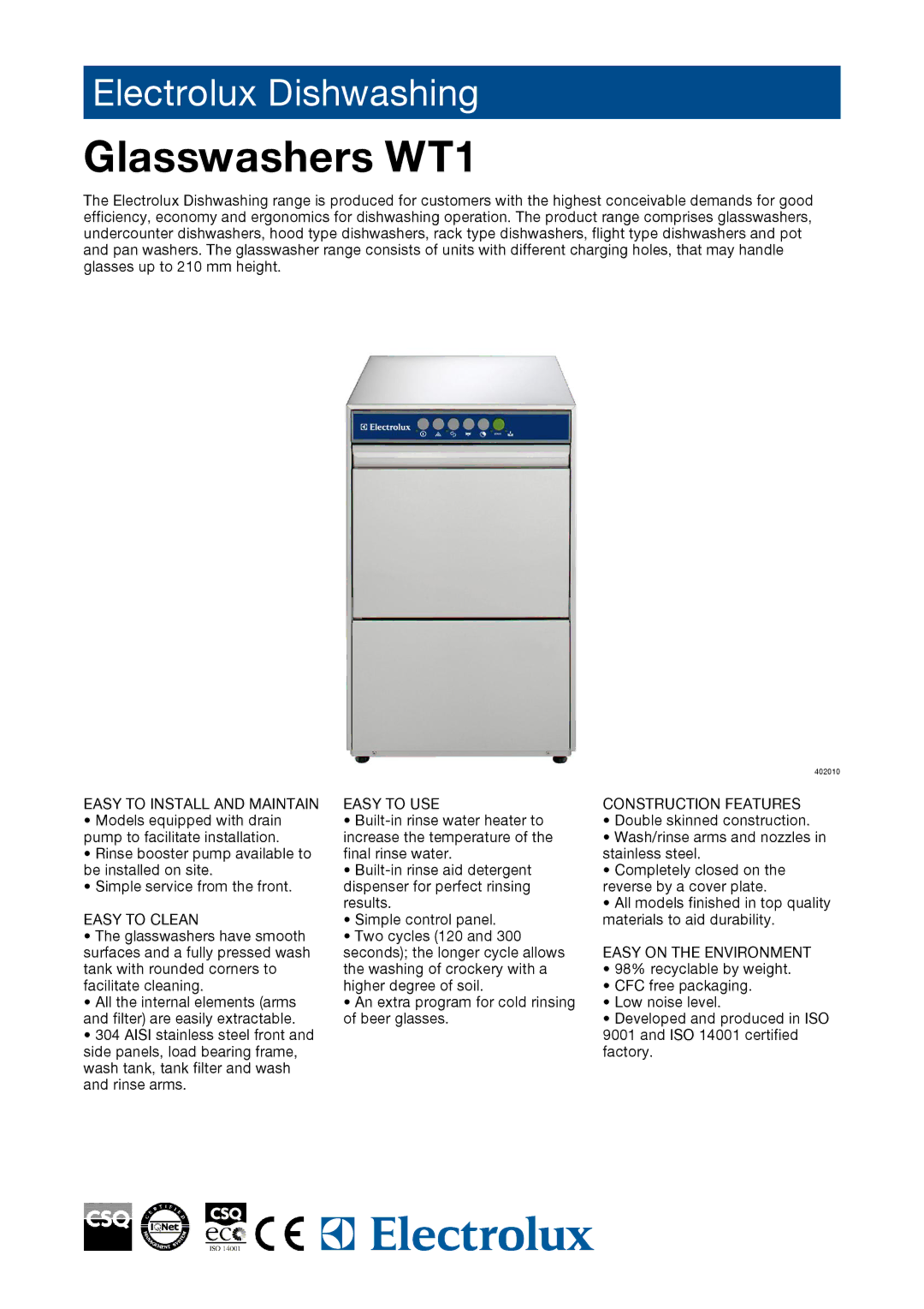 Electrolux WT1N4, WT1TOP, 402010, 402046, 402043, 402042, 402041 manual Glasswashers WT1 