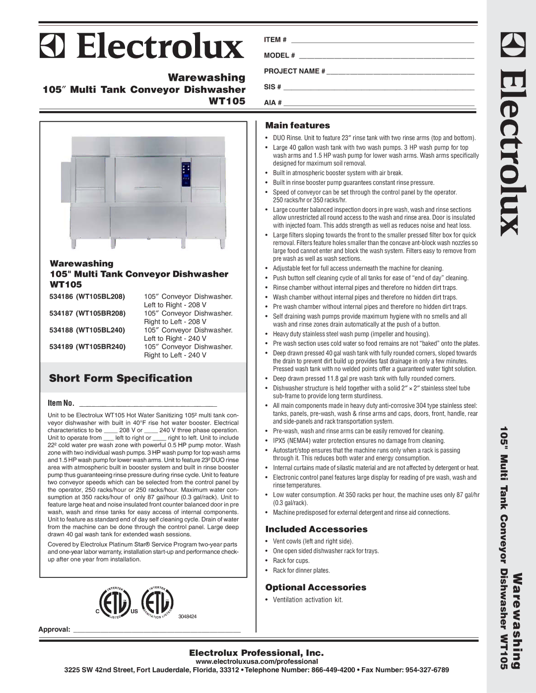 Electrolux WT105BR240, WT105BL208 warranty 105 ″ Multi Tank Conveyor Dishwasher, Multi Tank Conveyor Dishwasher WT105 