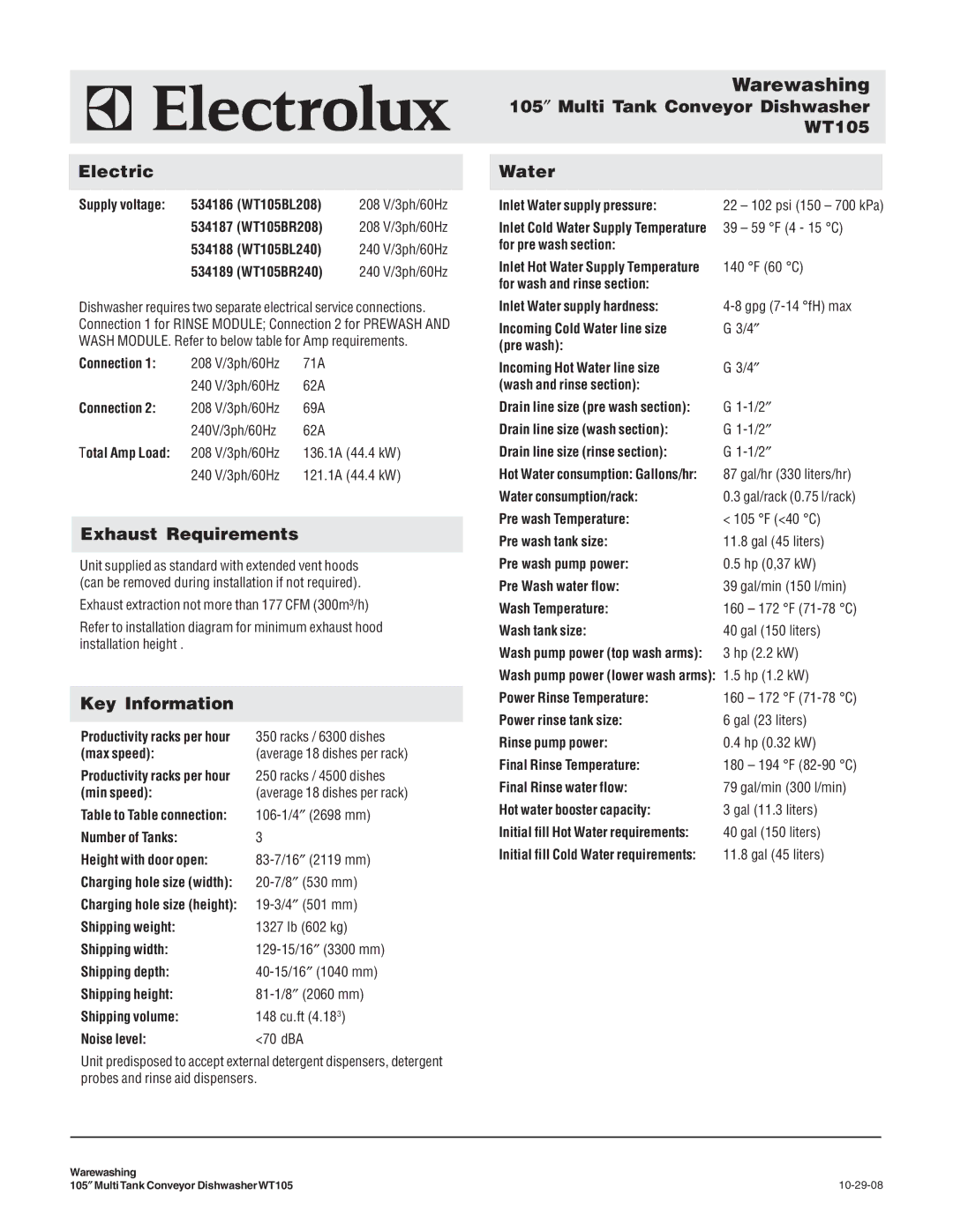 Electrolux WT105BL208 Electric, Exhaust Requirements, Key Information, 105″ Multi Tank Conveyor Dishwasher WT105 Water 