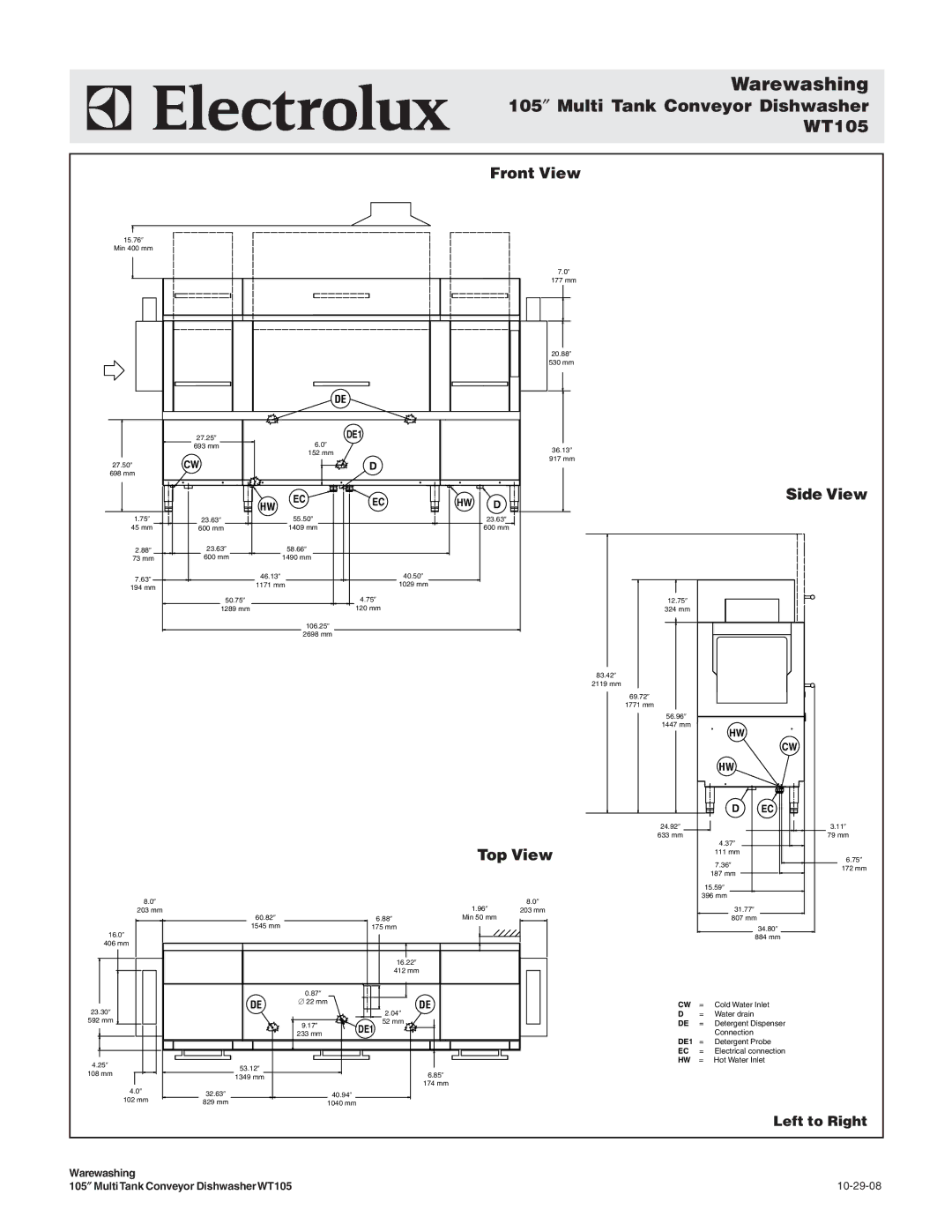 Electrolux WT105BR208, WT105BR240 105″ Multi Tank Conveyor Dishwasher, Front View, Side View, Top View, Left to Right 