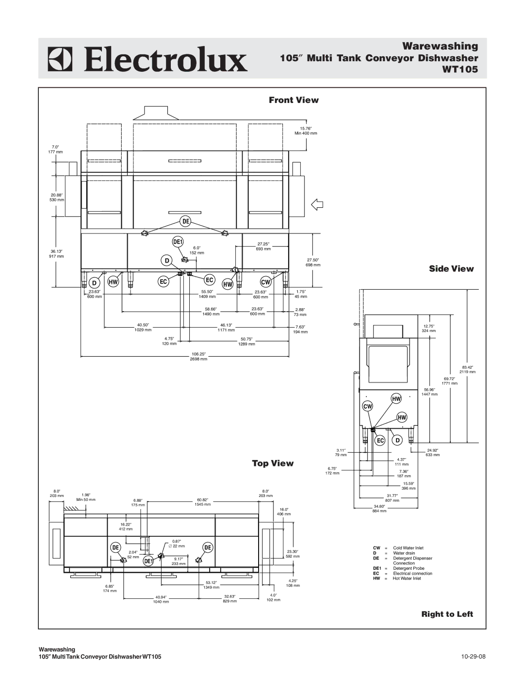 Electrolux WT105BL240, WT105BR240, WT105BL208, WT105BR208, 534189, 534187, 534186, 534188 warranty Right to Left 