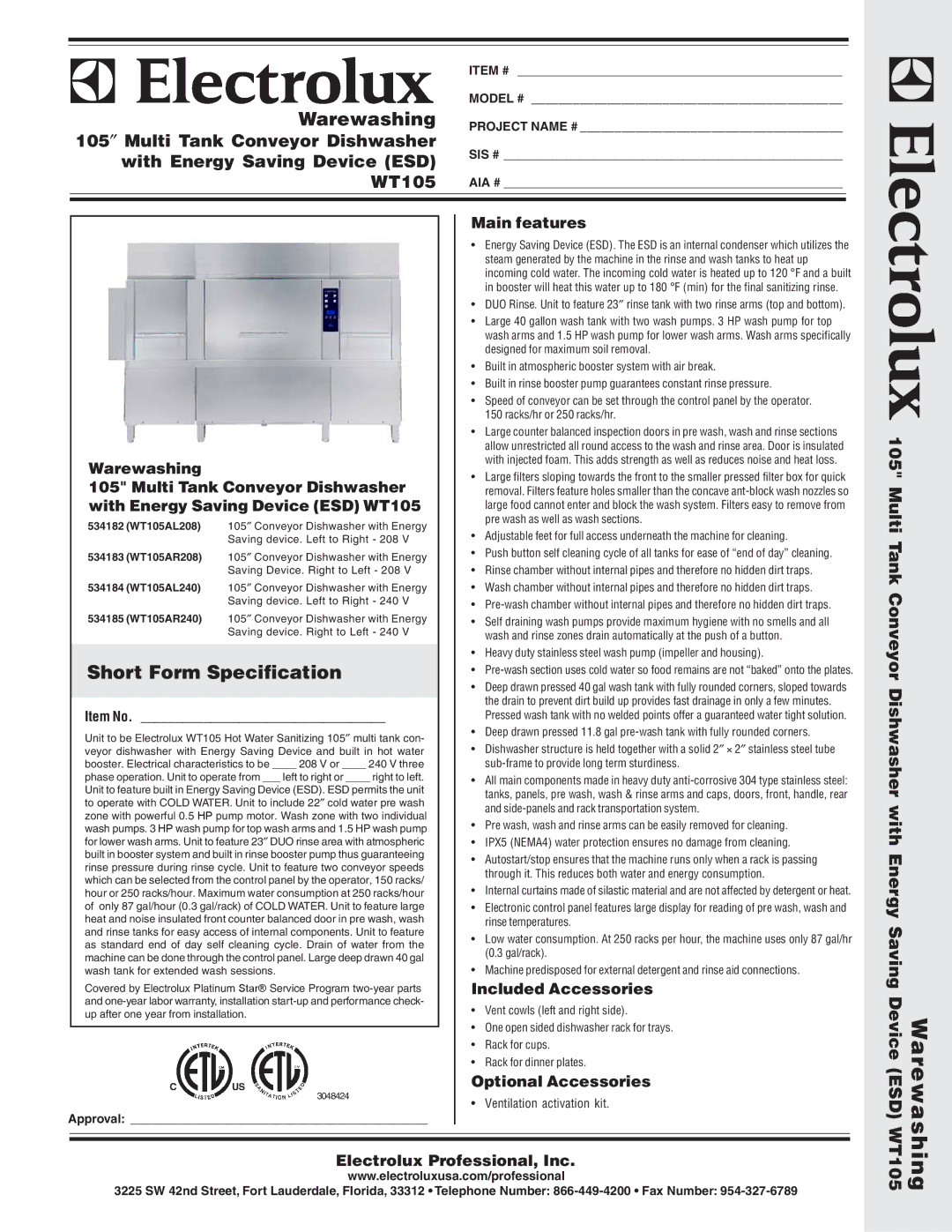 Electrolux WT105AL240, WT105AL208, 534185 warranty 105″ Multi Tank Conveyor Dishwasher, With Energy Saving Device ESD WT105 