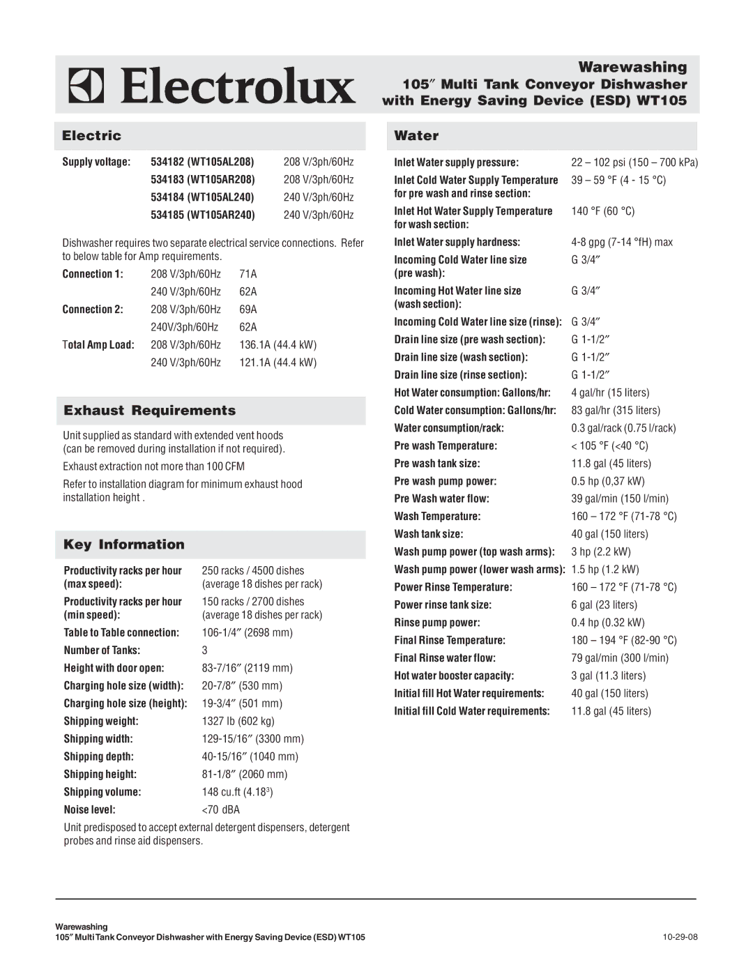 Electrolux WT105AR208, WT105AL208, WT105AL240, WT105AR240, 534185, 534184 Electric, Exhaust Requirements, Key Information 