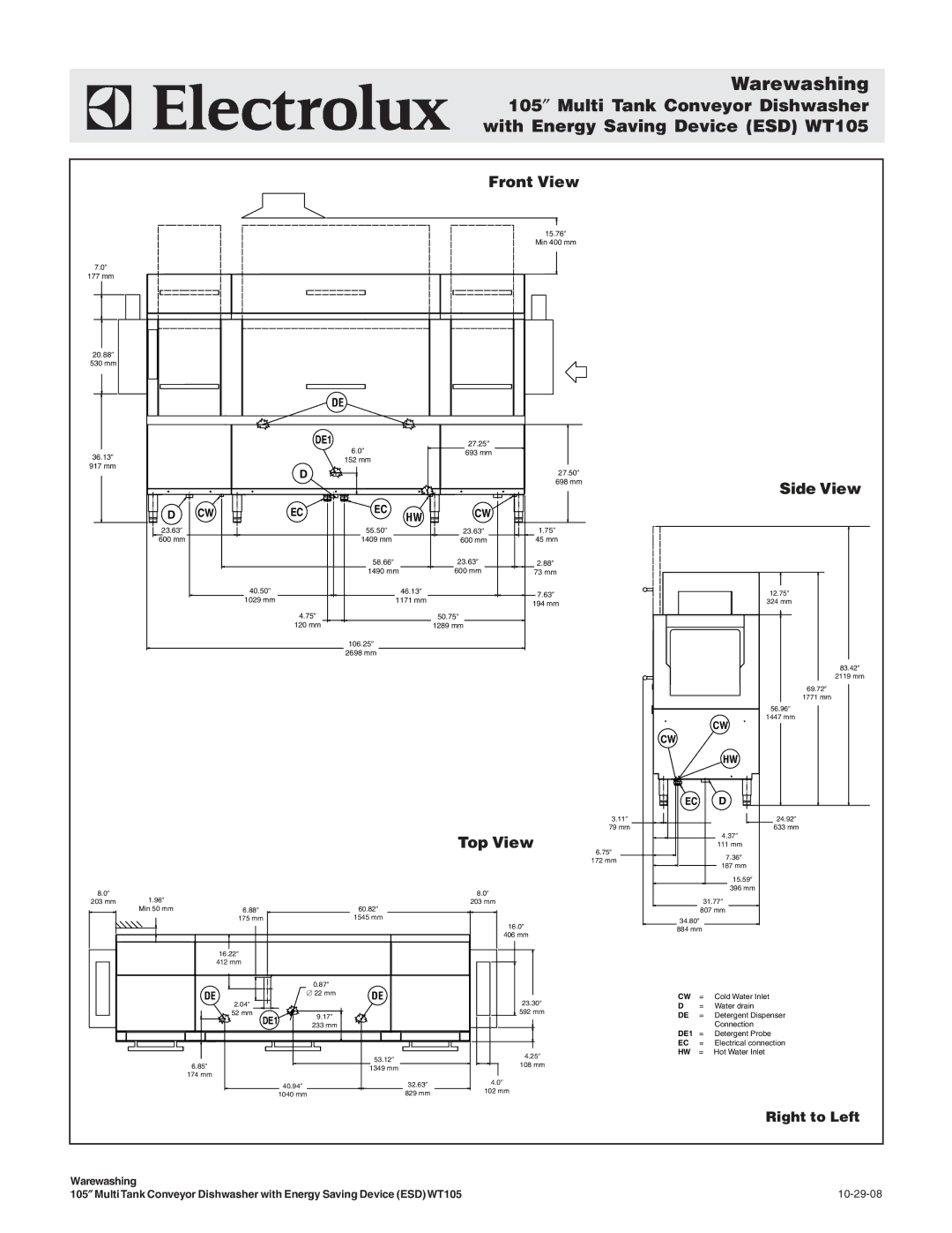 Electrolux 534185, WT105AL208, WT105AL240, WT105AR208, WT105AR240, 534184, 534182, 534183 warranty Right to Left 