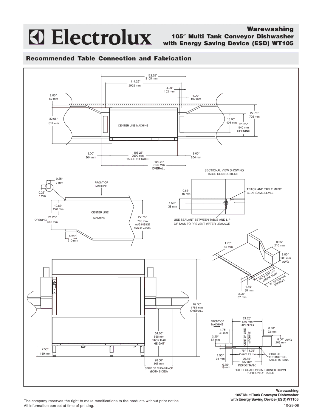 Electrolux 534184, WT105AL208, WT105AL240, WT105AR208, WT105AR240, 534185, 534182, 534183 warranty Warewashing 