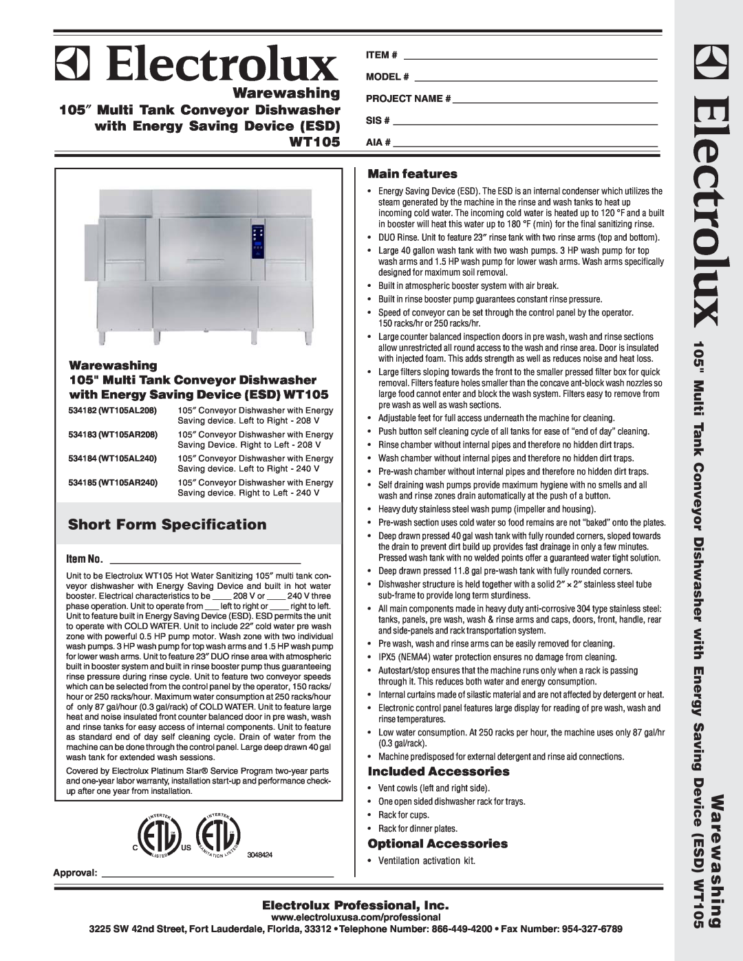 Electrolux WT105AL240 warranty Warewashing, Short Form Specification, 105″ Multi Tank Conveyor Dishwasher, Main features 
