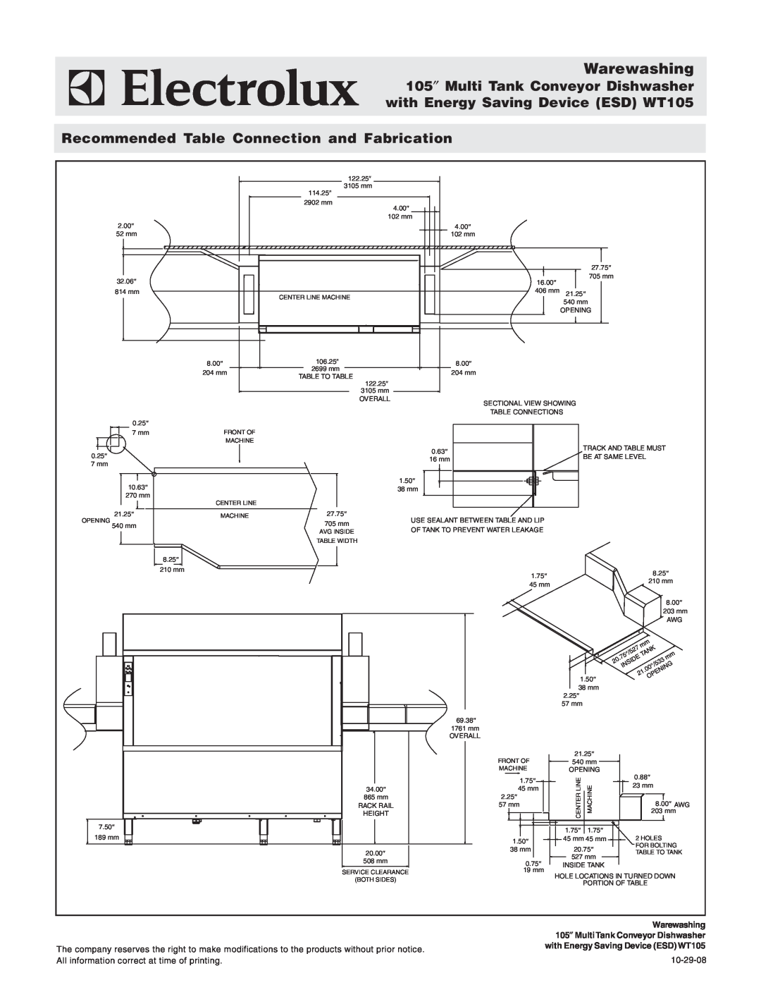 Electrolux 534184 Recommended Table Connection and Fabrication, Warewashing, 105″ MultiTank Conveyor Dishwasher, 10-29-08 