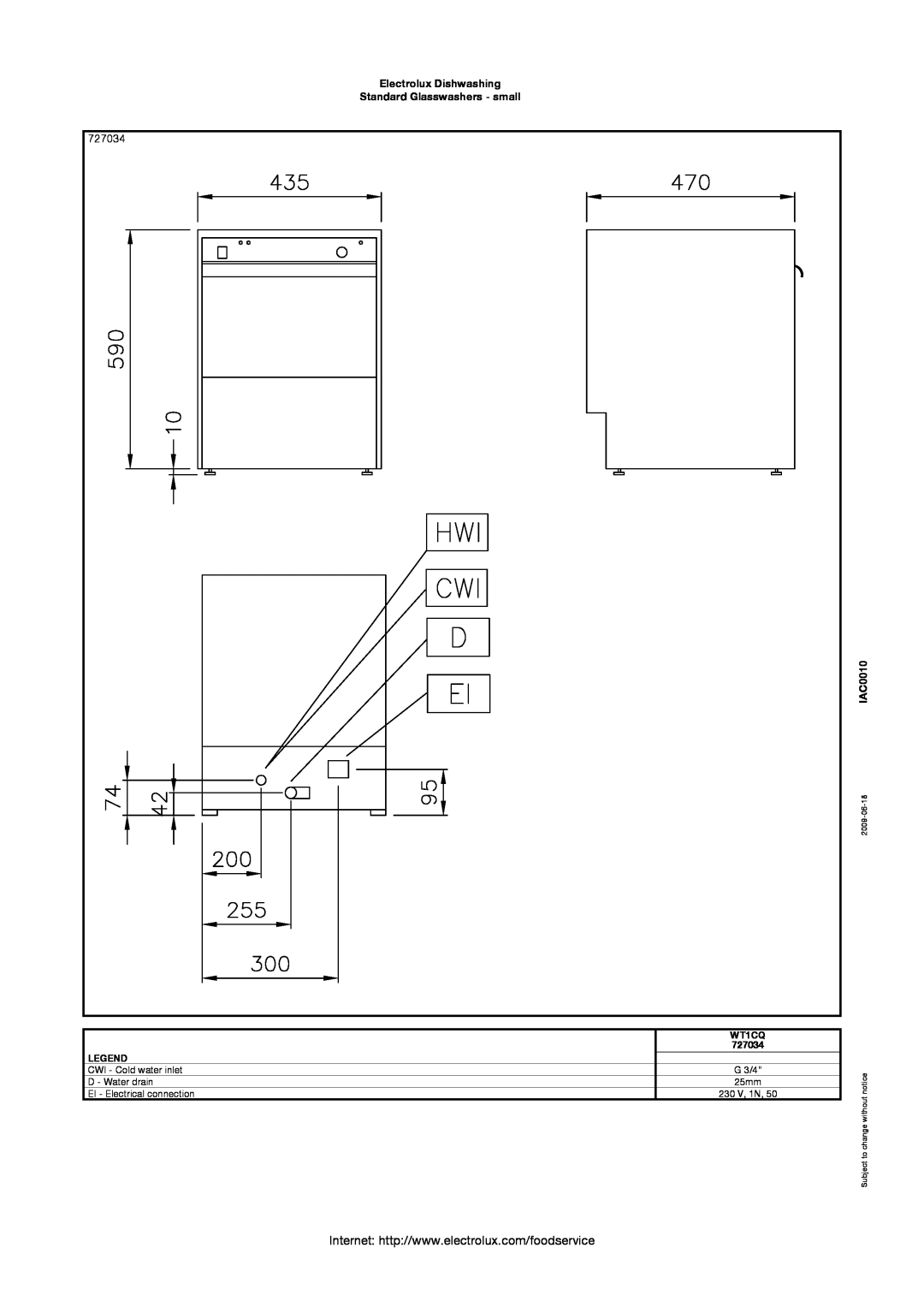 Electrolux WT1CQ, WT1QDD, 727040 manual Electrolux Dishwashing Standard Glasswashers - small, 727034, IAC0010, 2009-06-18 