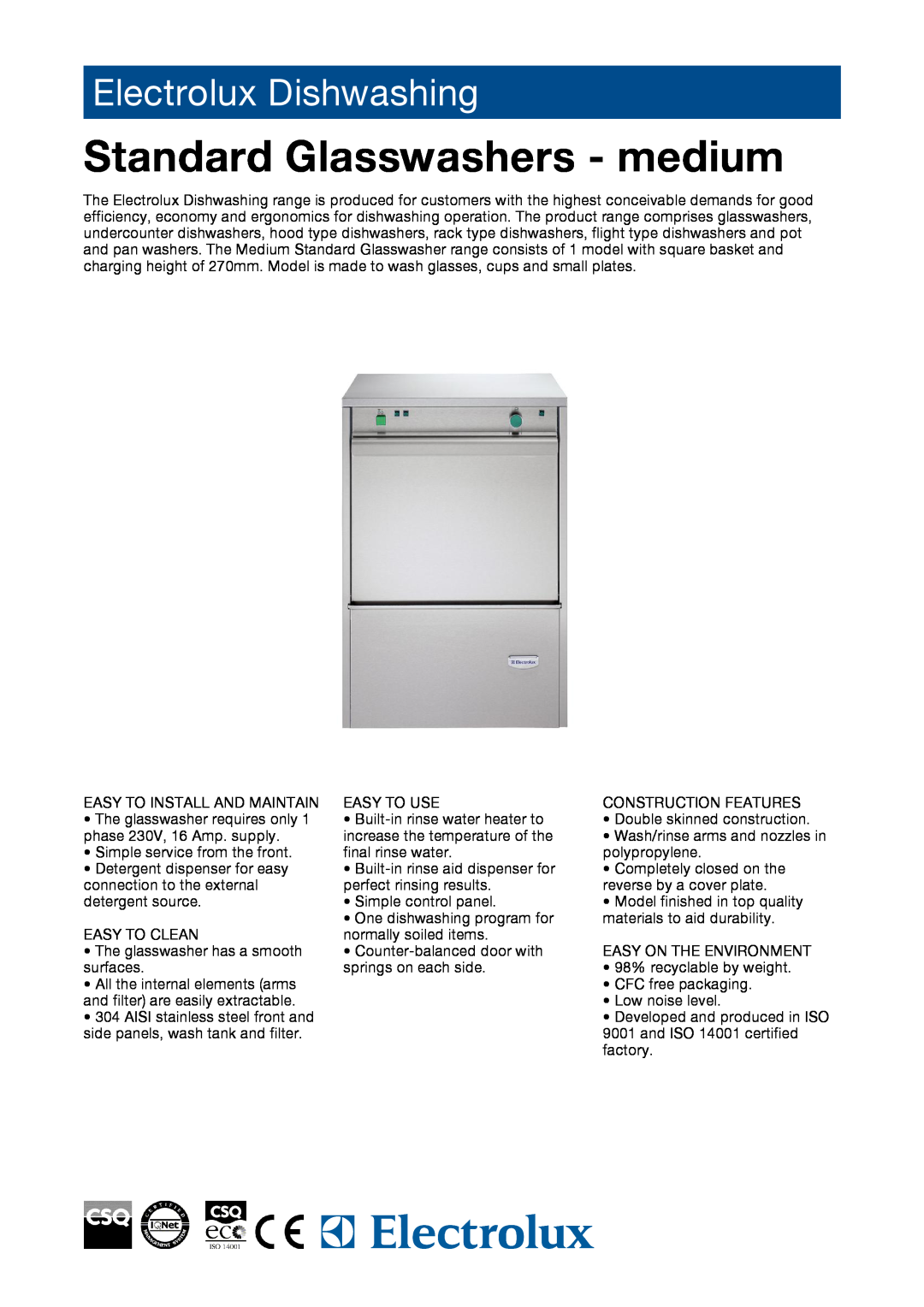 Electrolux 727042, WT2QD manual Standard Glasswashers - medium, Electrolux Dishwashing 