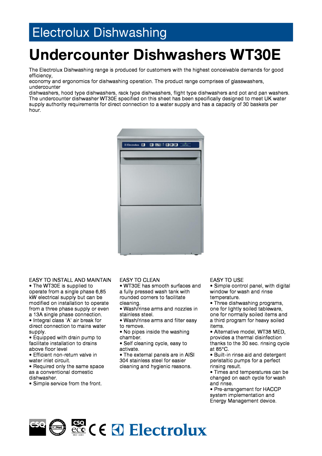 Electrolux manual Undercounter Dishwashers WT30E, Electrolux Dishwashing 