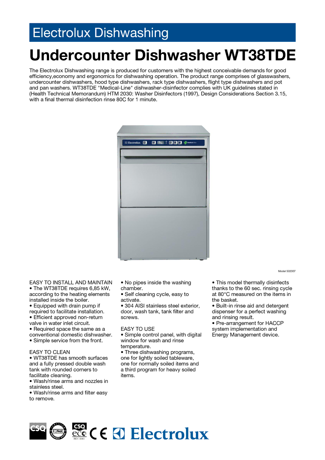 Electrolux manual Undercounter Dishwasher WT38TDE, Easy to Install and Maintain, Easy to Clean, Easy to USE 