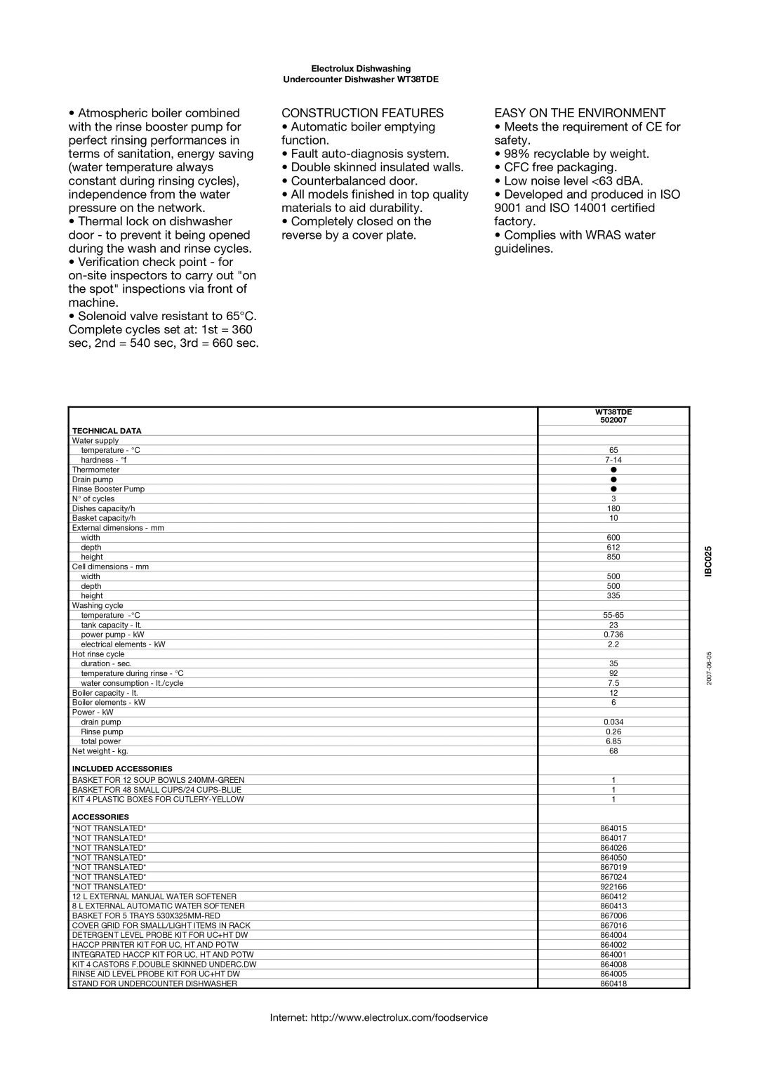 Electrolux WT38TDE manual Construction Features Easy on the Environment, Technical Data, Included Accessories 