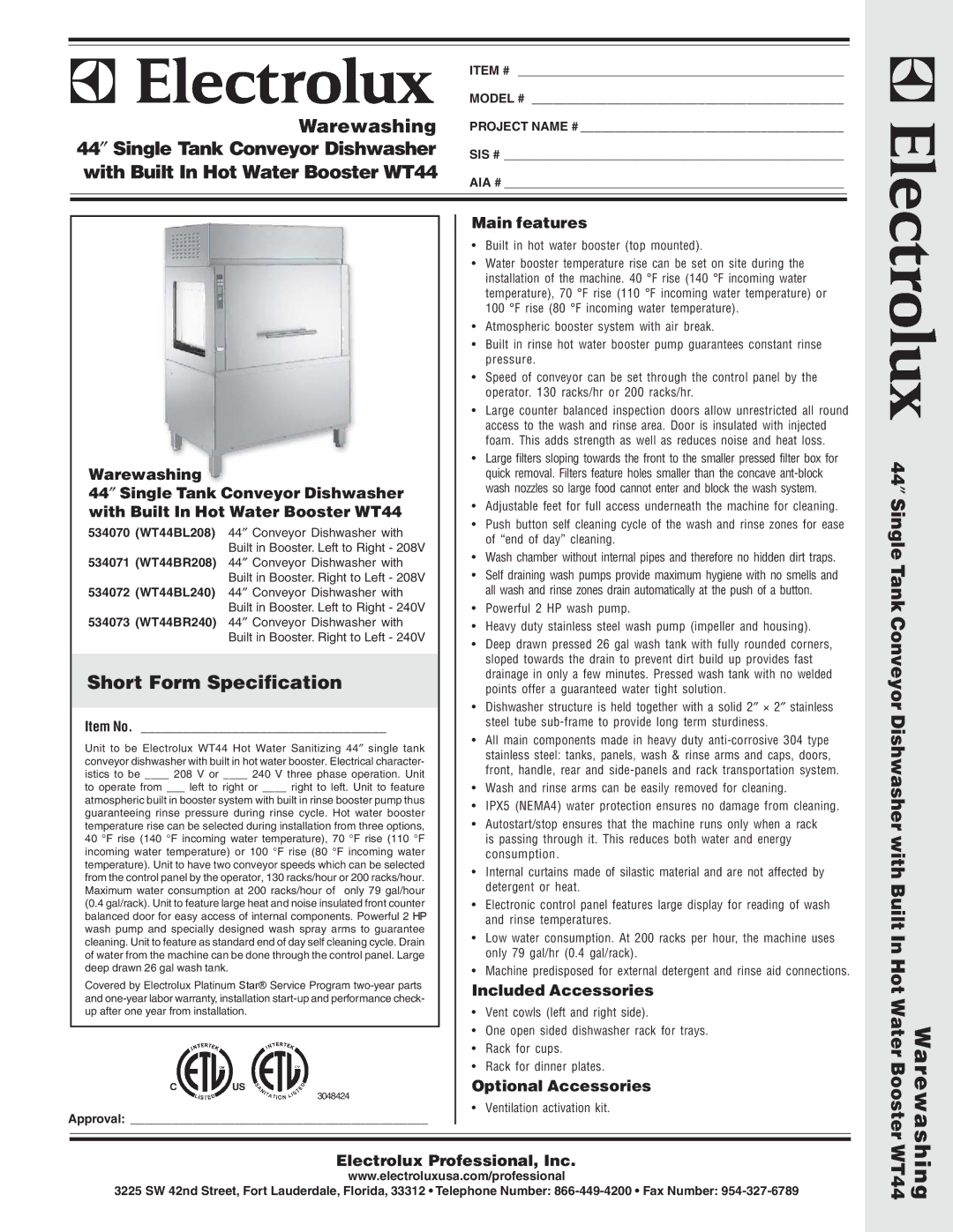 Electrolux WT44BL240 warranty Warewashing, 44″ Single Tank Conveyor Dishwasher, With Built In Hot Water Booster WT44 