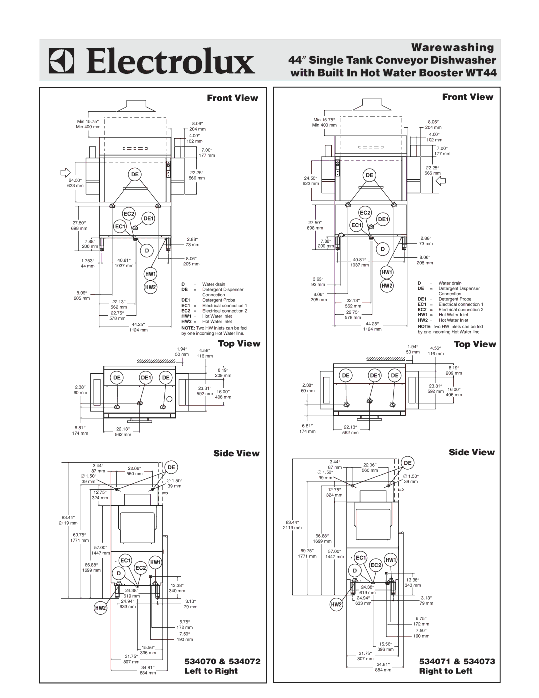 Electrolux WT44BL208, WT44BL240, WT44BR240, 534072, 534073, 534071, 534070 warranty Front View, Top View, Side View 