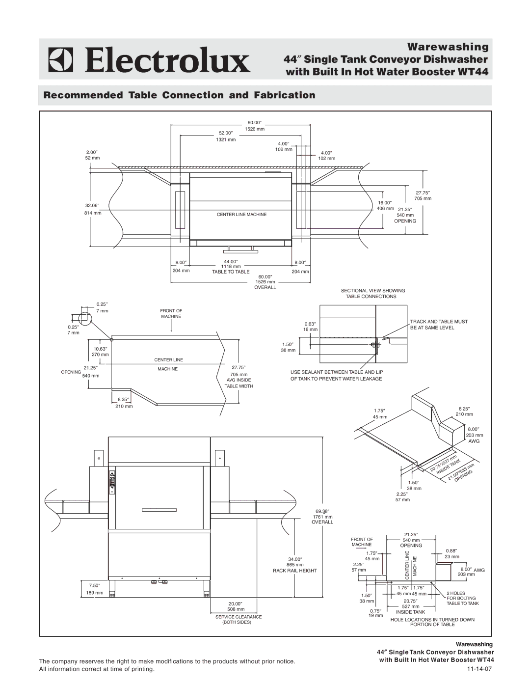 Electrolux 534072, WT44BL240, WT44BR240, WT44BL208, 534073, 534071 Recommended Table Connection and Fabrication, Machine 