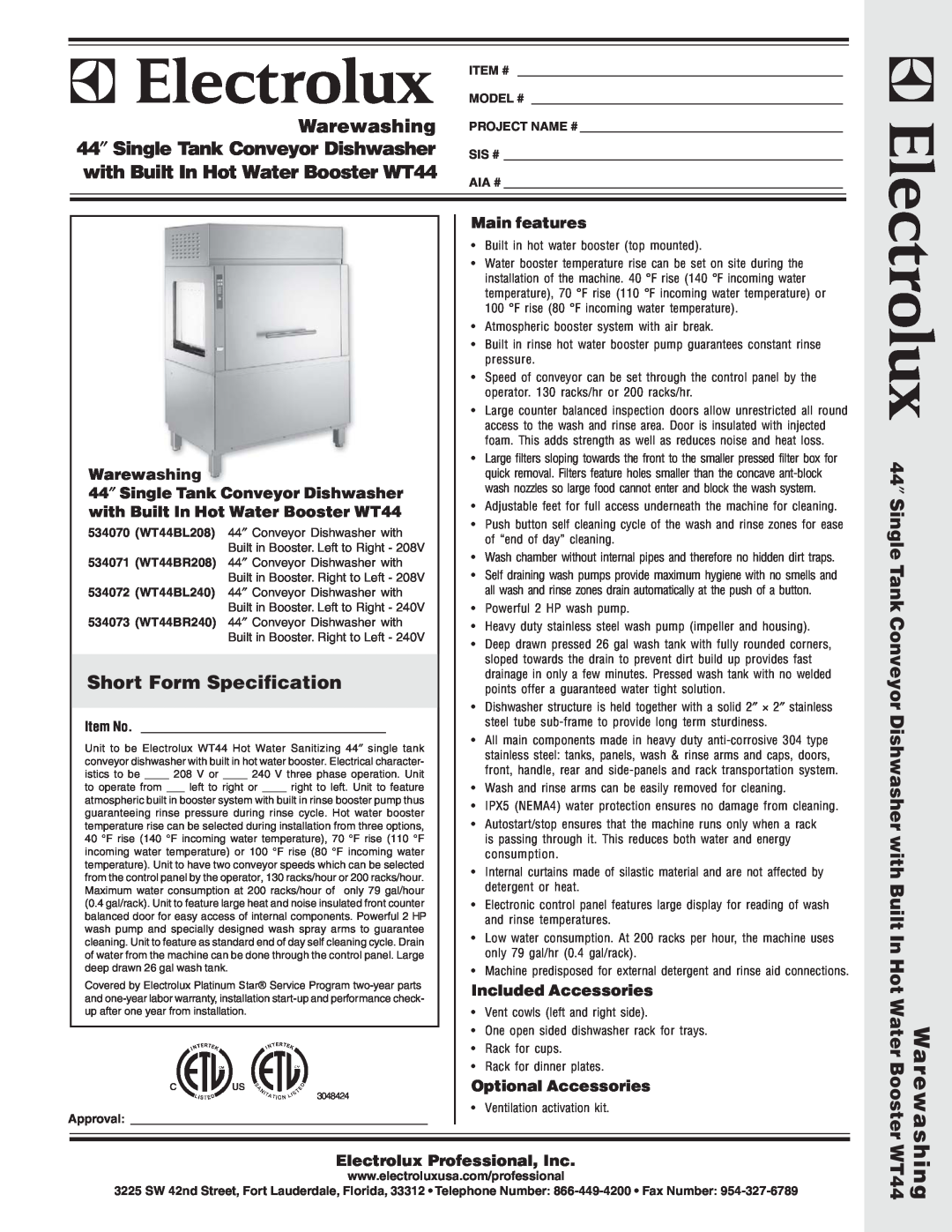 Electrolux warranty Warewashing, 44″ Single Tank Conveyor Dishwasher, with Built In Hot Water Booster WT44, Item # 