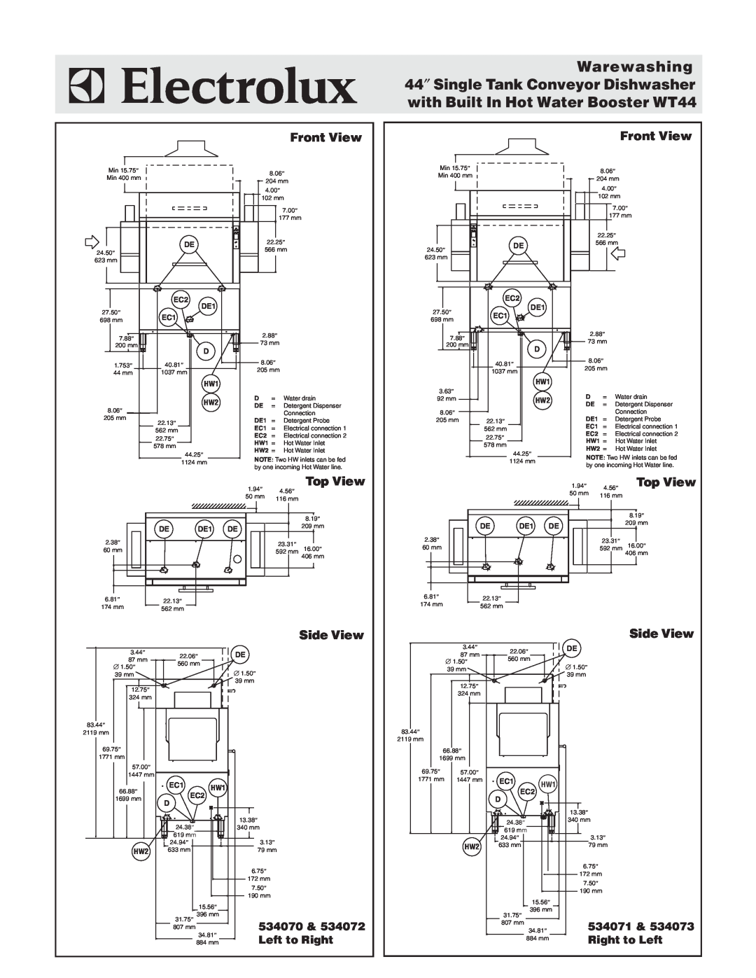 Electrolux WT44BL208 Front View, Top View, Side View, Warewashing 44″ Single Tank Conveyor Dishwasher, HW1 HW2, DE1 DE 