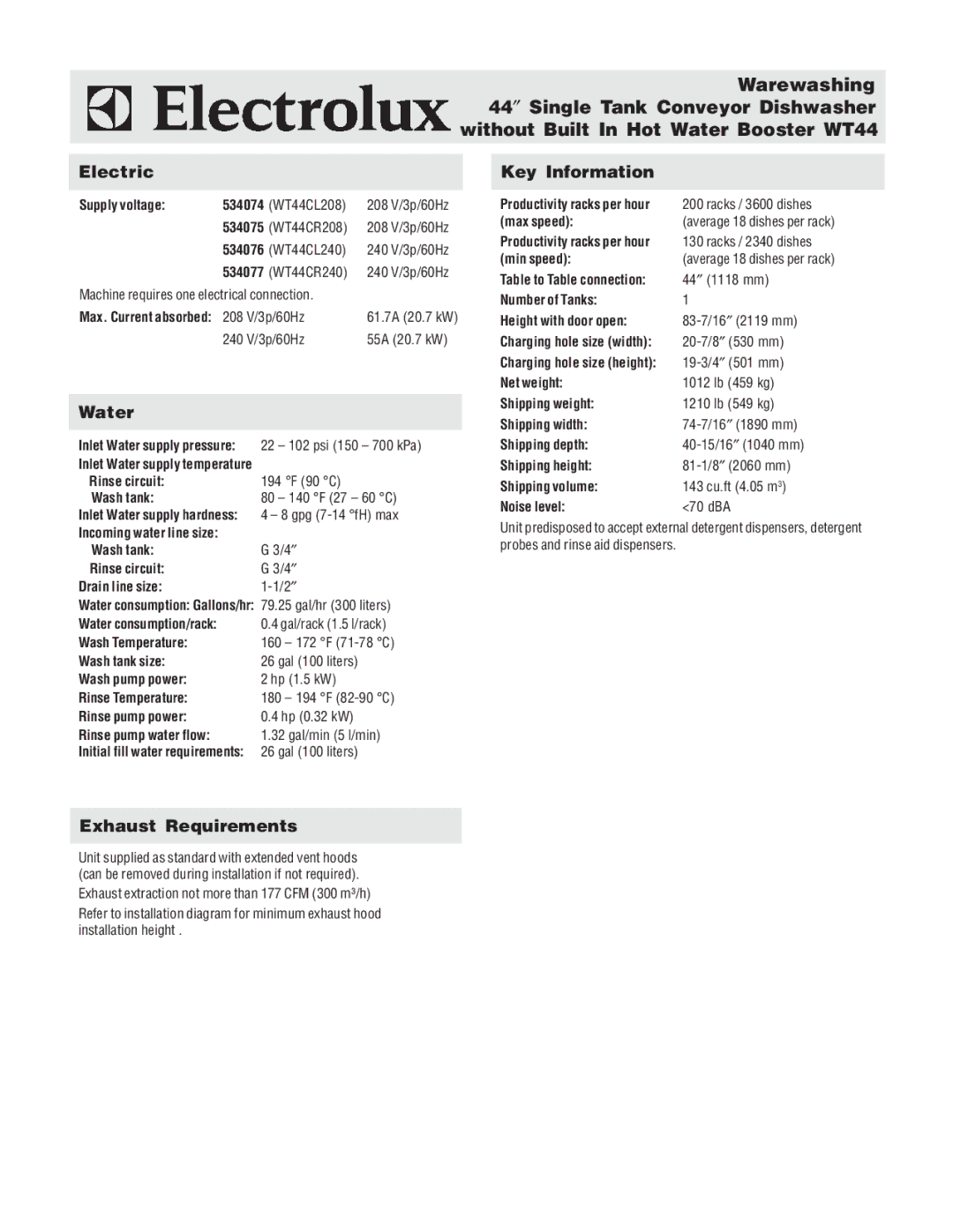 Electrolux WT44CL240, WT44CR240, WT44CR208, WT44CL208 warranty Electric, Water, Key Information, Exhaust Requirements 