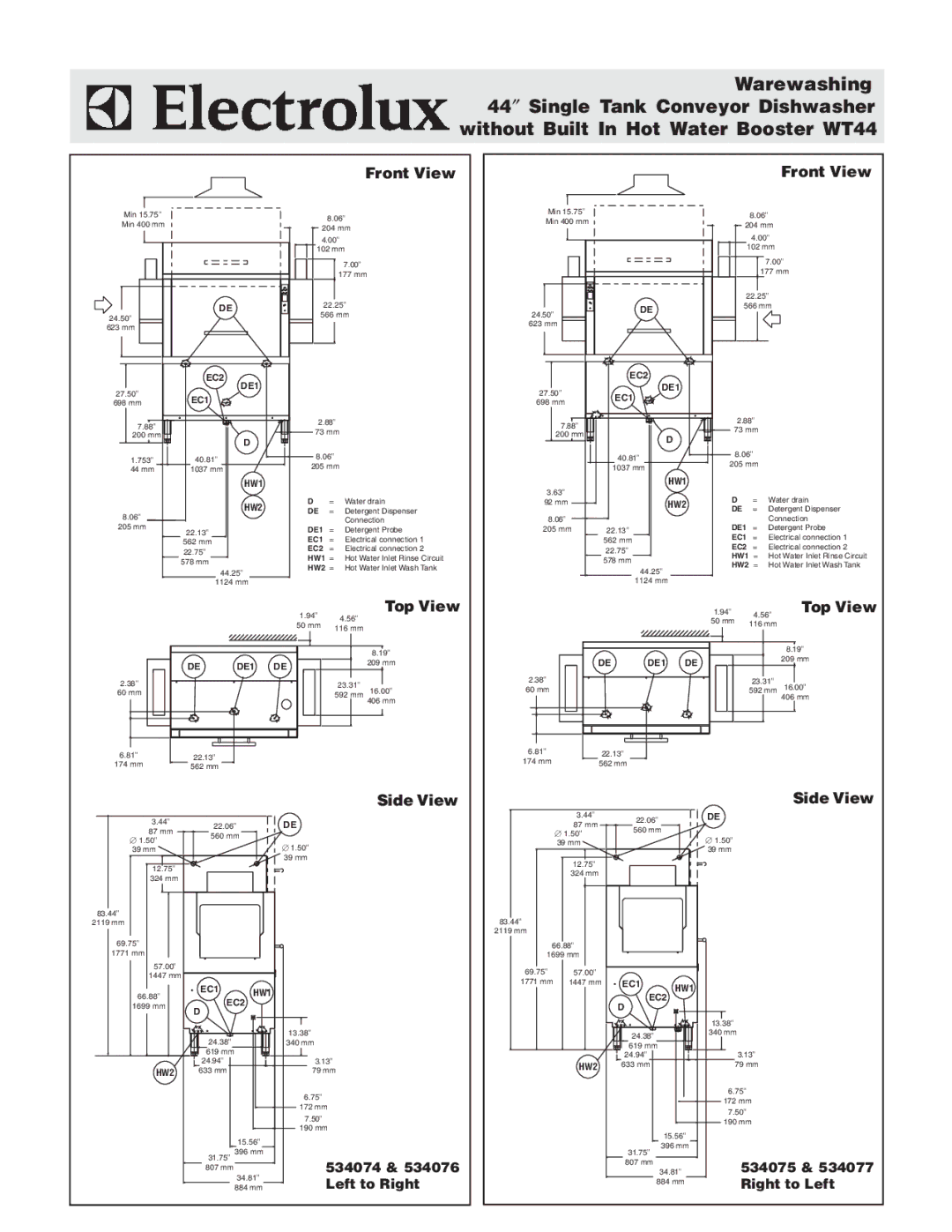 Electrolux WT44CL208, WT44CR240, WT44CR208, WT44CL240 warranty Front View, Top View, Side View 