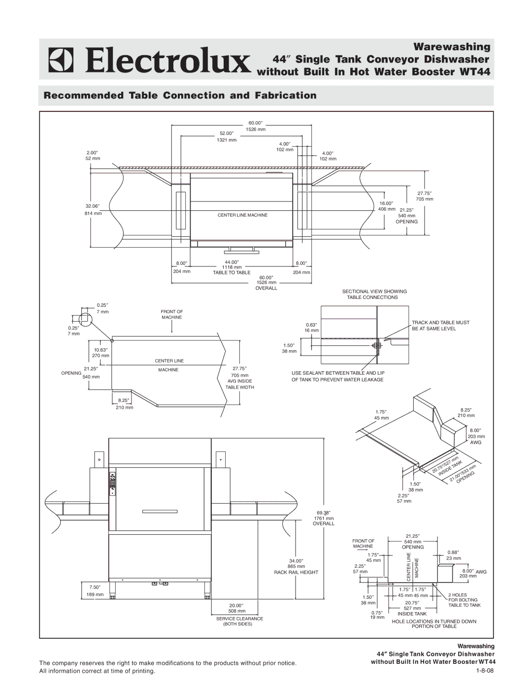 Electrolux WT44CR240, WT44CR208, WT44CL240, WT44CL208 warranty Recommended Table Connection and Fabrication, Machine 