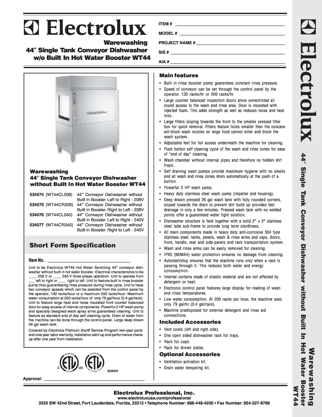 Electrolux WT44CR208 warranty Warewashing, 44 ″ Single Tank Conveyor Dishwasher, w/o Built In Hot Water Booster WT44 