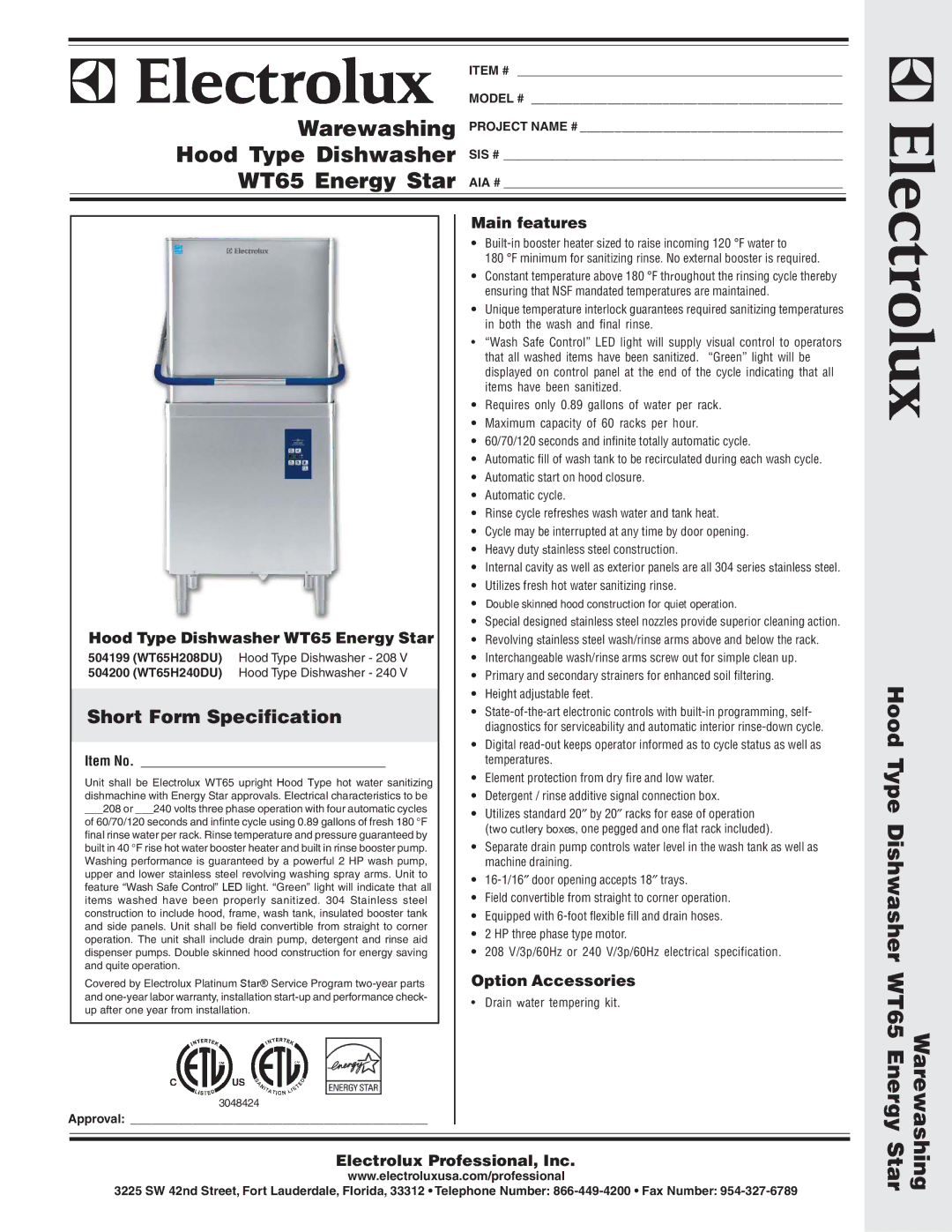 Electrolux 504200, 504199, 3048424 warranty Hood Type Dishwasher WT65 Energy, Short Form Specification 